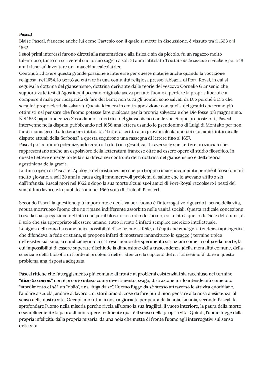 Pascal
Blaise Pascal, francese anche lui come Cartesio con il quale si mette in discussione, è vissuto tra il 1623 e il
1662.
I suoi primi i