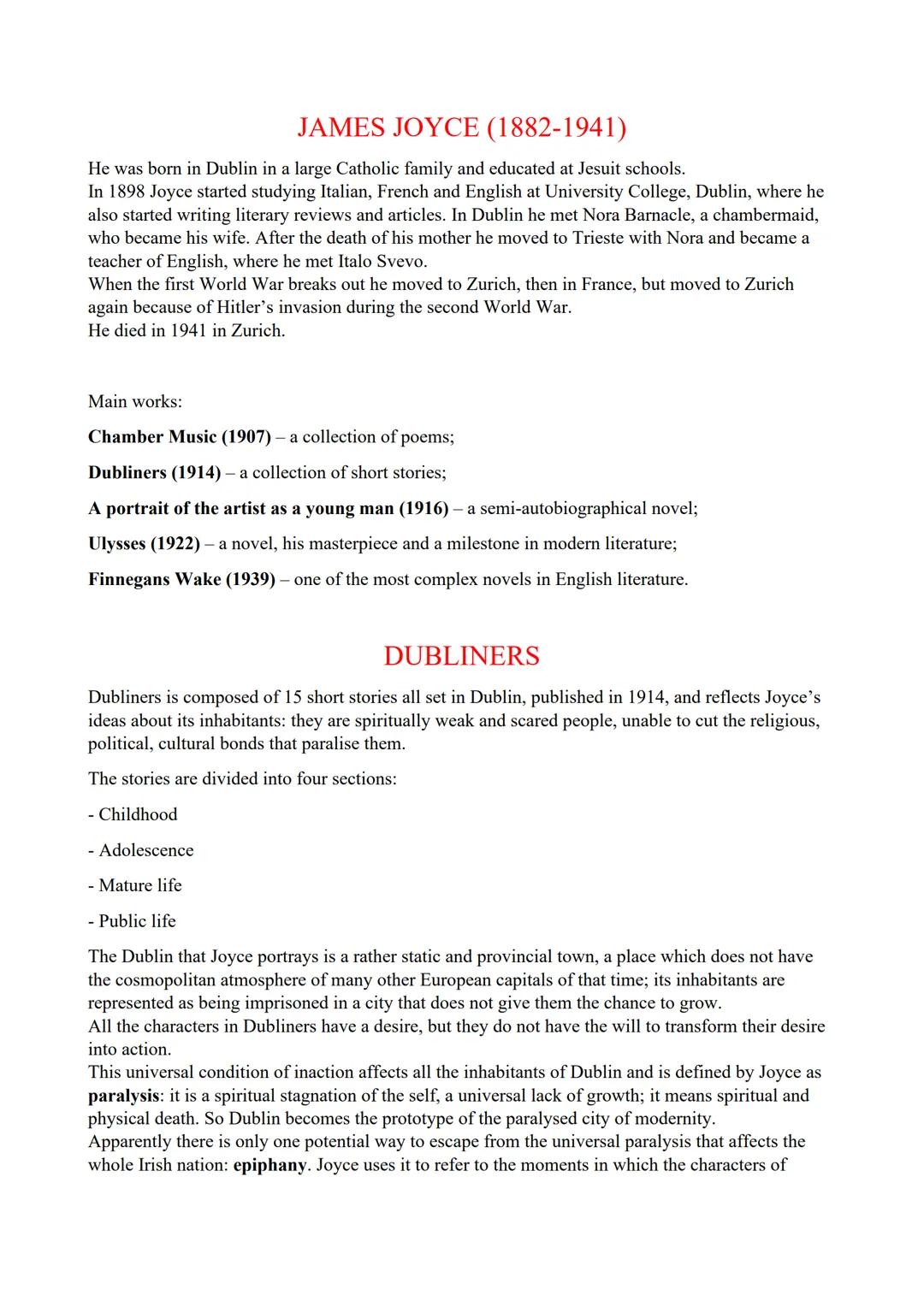 JAMES JOYCE (1882-1941)

He was born in Dublin in a large Catholic family and educated at Jesuit schools.
In 1898 Joyce started studying Ita