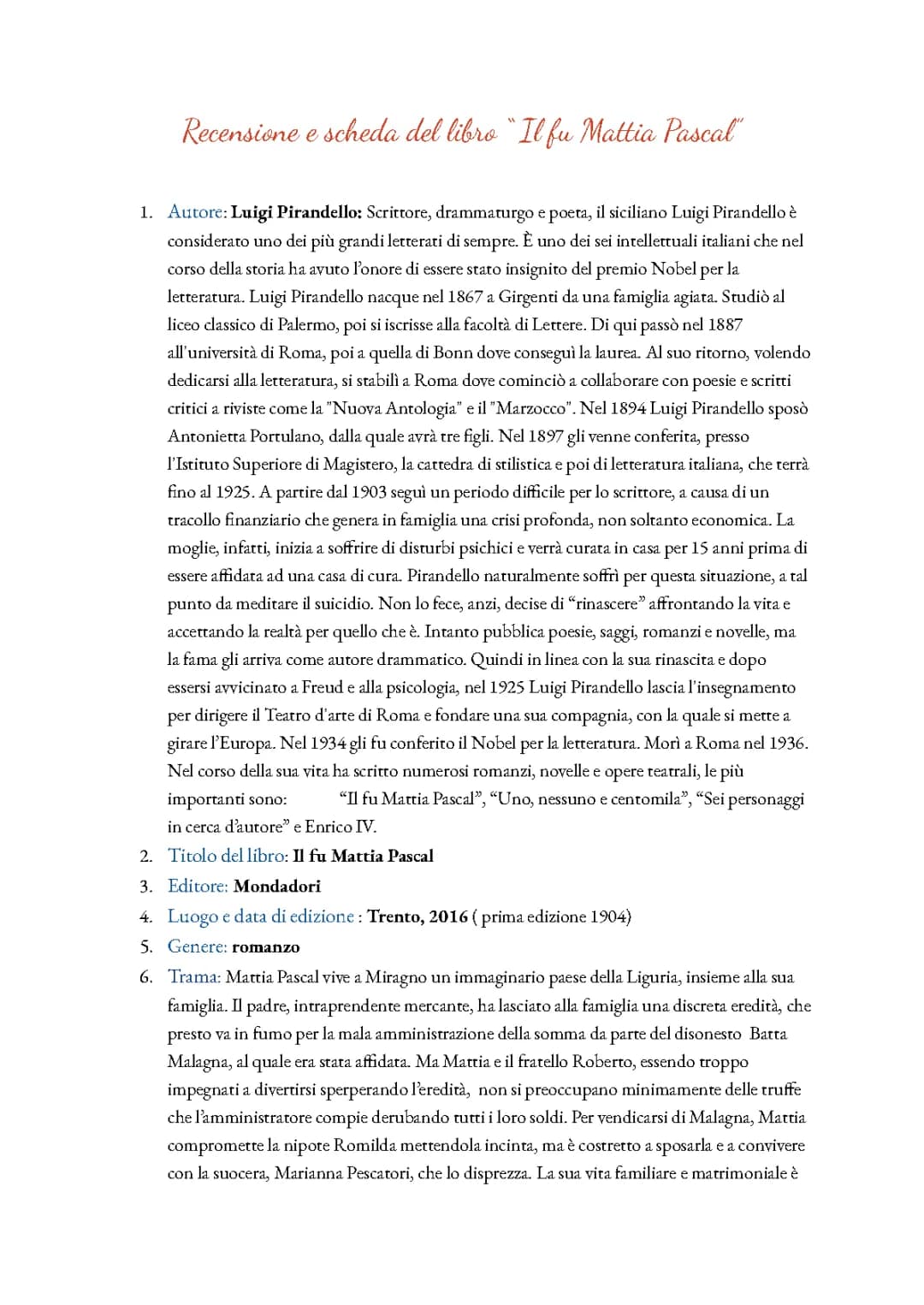 Scheda libro “ Il fu Mattia Pascal” 