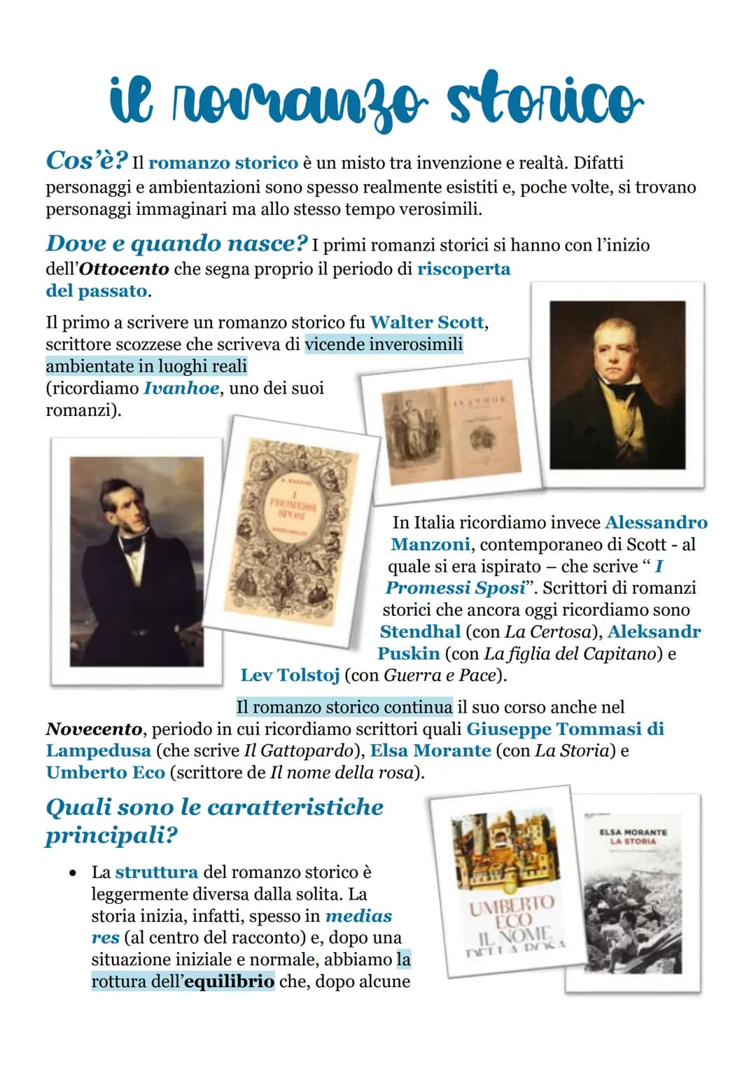 il romanzo storico
Cos'è? Il romanzo storico è un misto tra invenzione e realtà. Difatti
personaggi e ambientazioni sono spesso realmente es