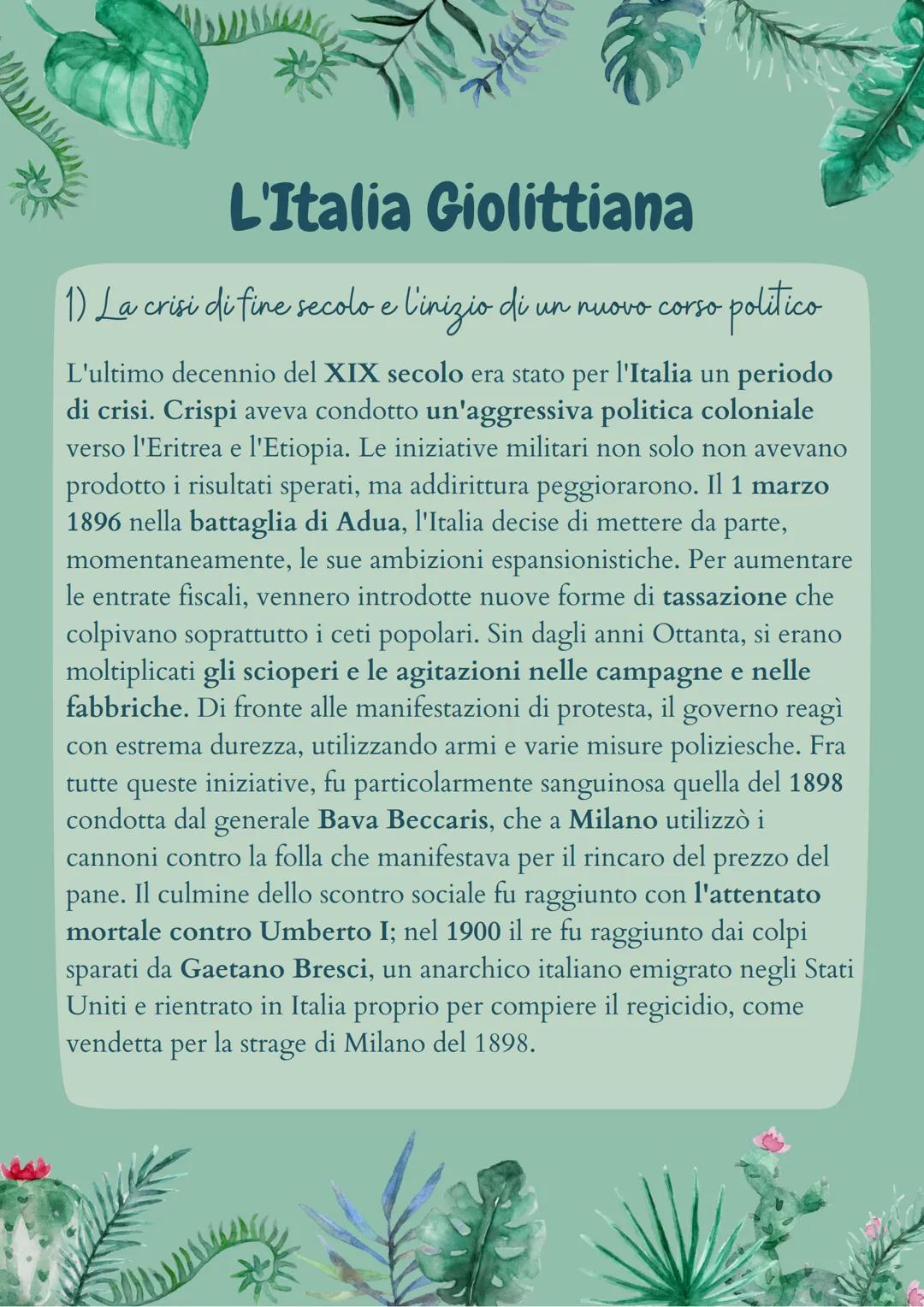 L'Italia Giolittiana
1) La crisi di fine secolo e l'inizio di un nuovo corso
-politico
L'ultimo decennio del XIX secolo era stato per l'Ital