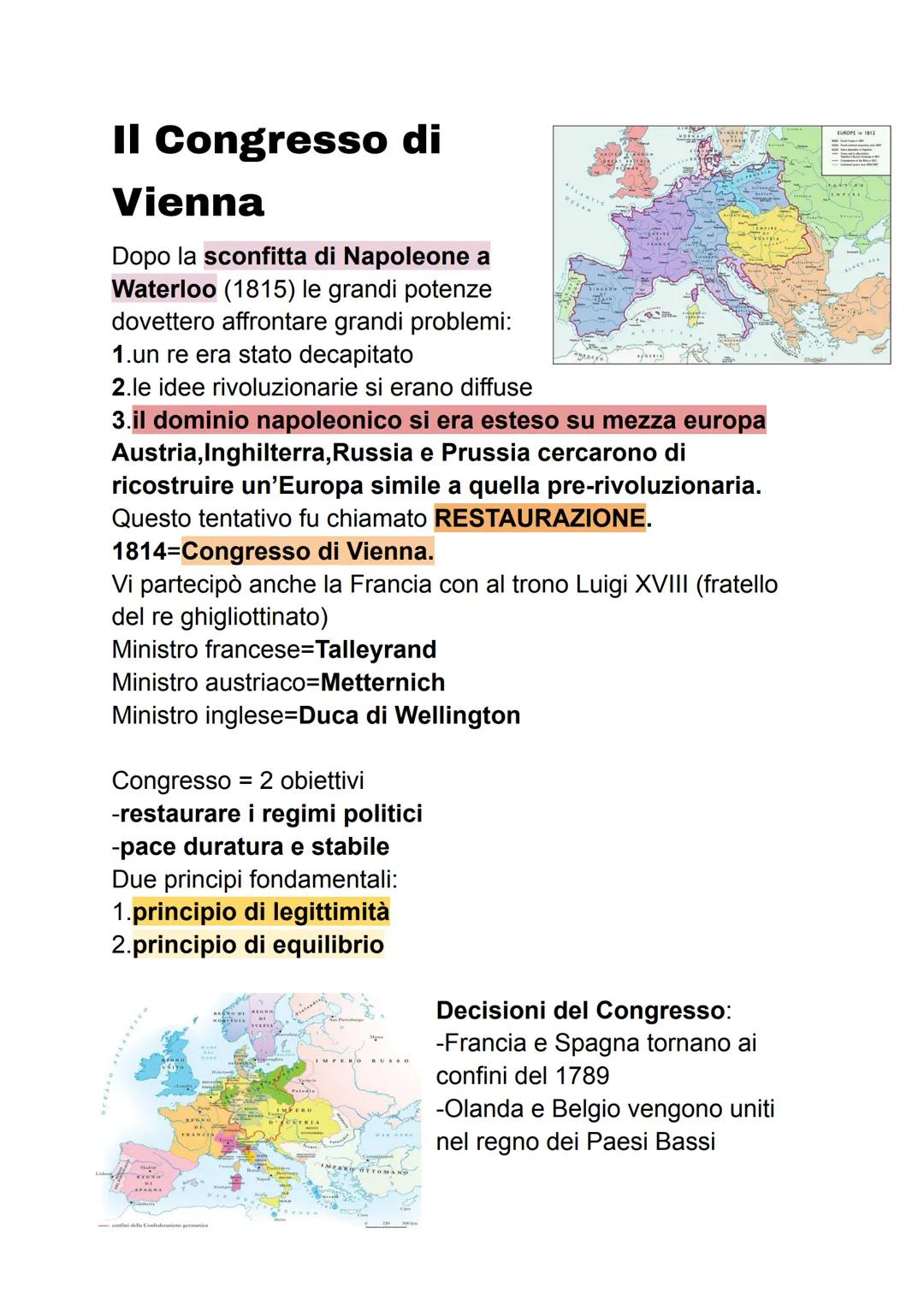 Il Congresso di
Vienna
Dopo la sconfitta di Napoleone a
Waterloo (1815) le grandi potenze
dovettero affrontare grandi problemi:
1.un re era 