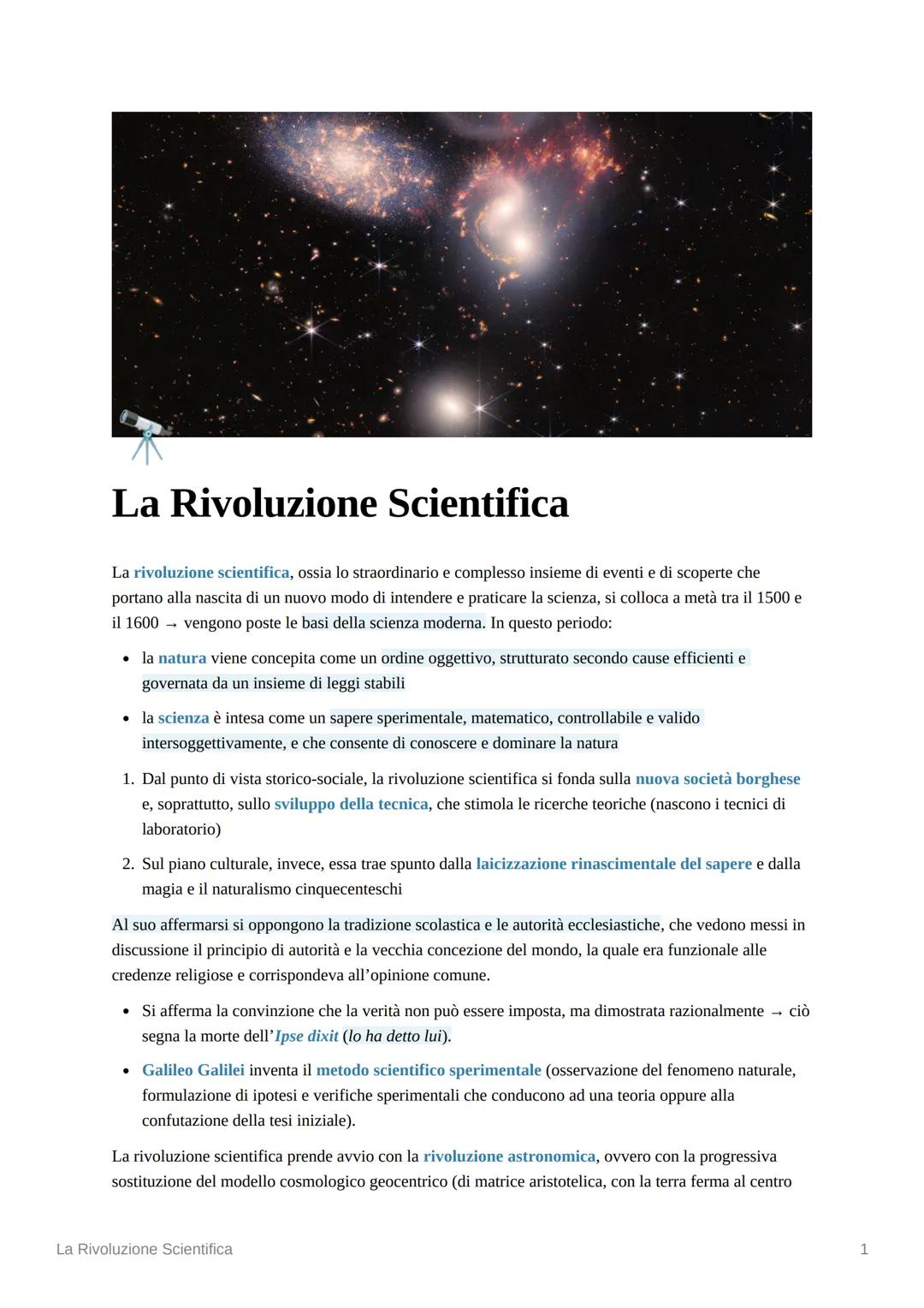 La Rivoluzione Scientifica
La rivoluzione scientifica, ossia lo straordinario e complesso insieme di eventi e di scoperte che
portano alla n