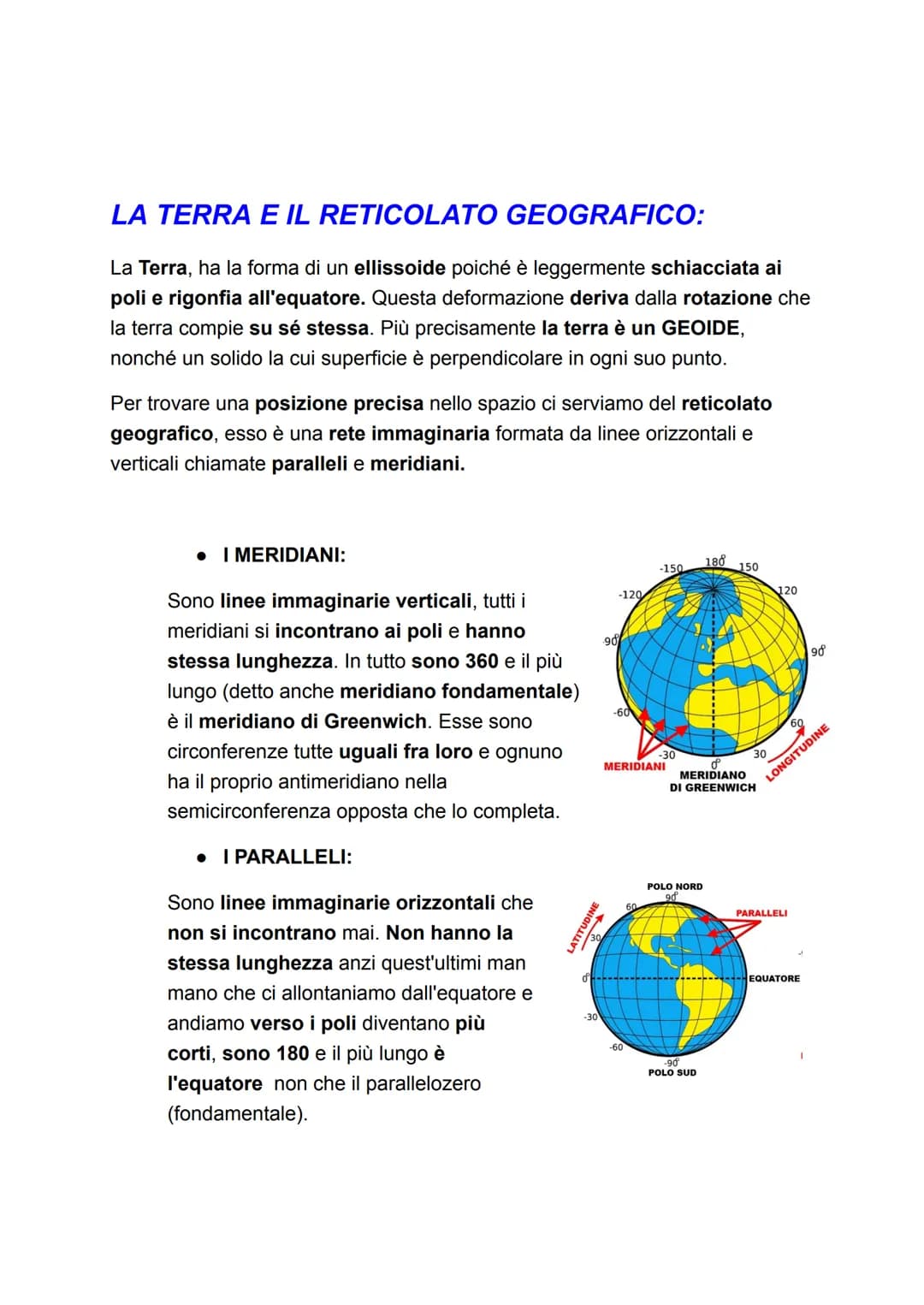 SCIENZE
UNITA' 4
IL PIANETA TERRA
LE COORDINATE, I MOTI,
LE STAGIONI E LA LUNA LA TERRA E IL RETICOLATO GEOGRAFICO:
La Terra, ha la forma di