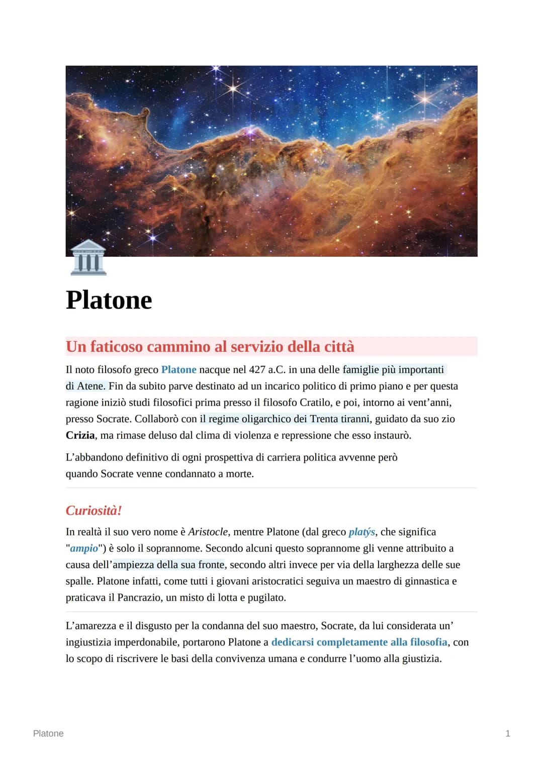 Platone
Platone
Un faticoso cammino al servizio della città
Il noto filosofo greco Platone nacque nel 427 a.C. in una delle famiglie più imp