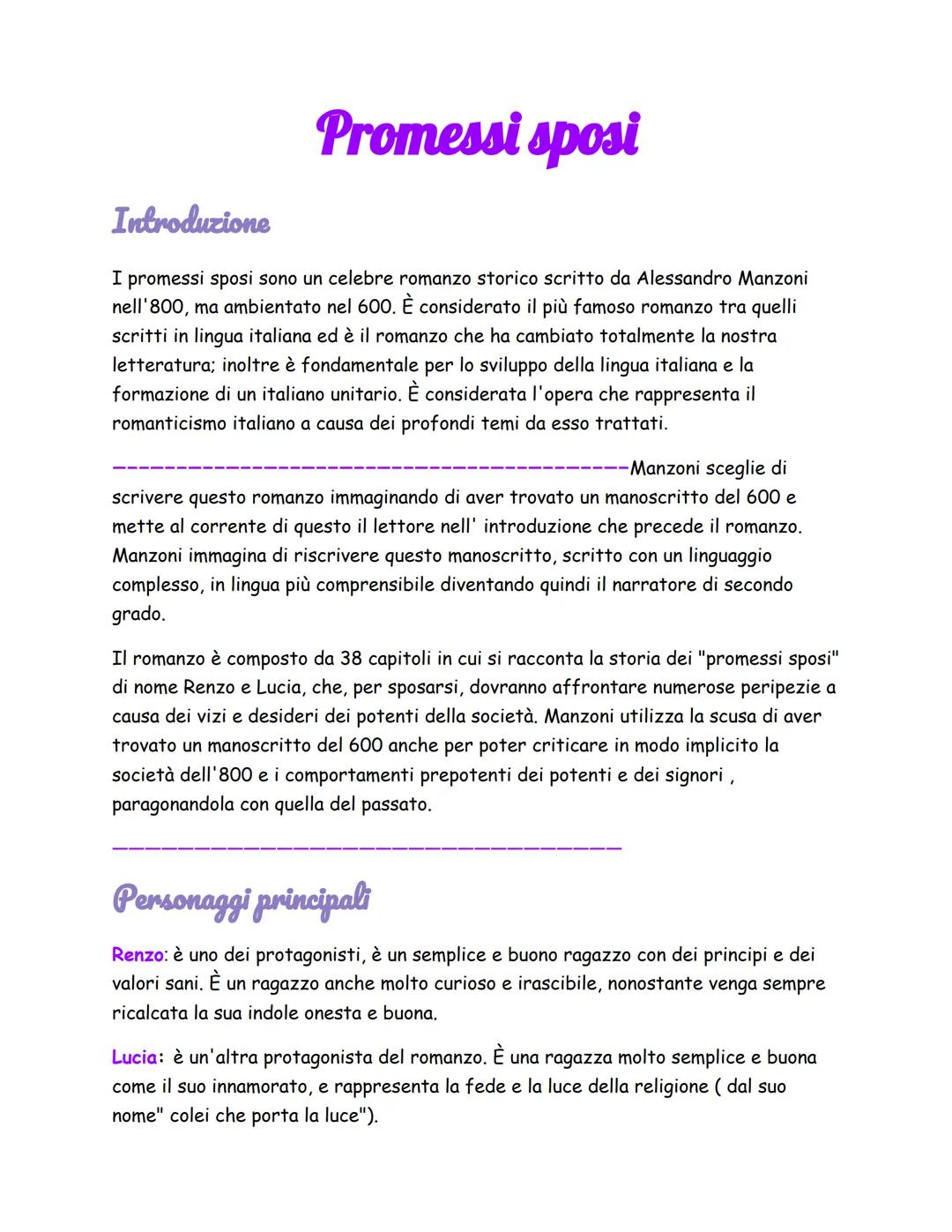 Promessi sposi
Introduzione
I promessi sposi sono un celebre romanzo storico scritto da Alessandro Manzoni
nell'800, ma ambientato nel 600. 