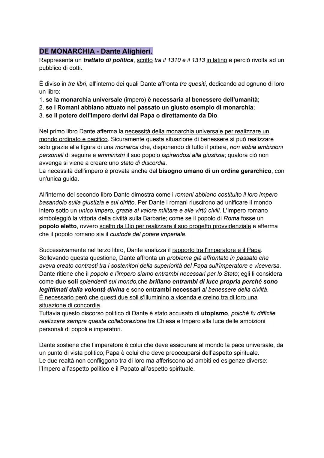 DE MONARCHIA - Dante Alighieri.
Rappresenta un trattato di politica, scritto tra il 1310 e il 1313 in latino e perciò rivolta ad un
pubblico