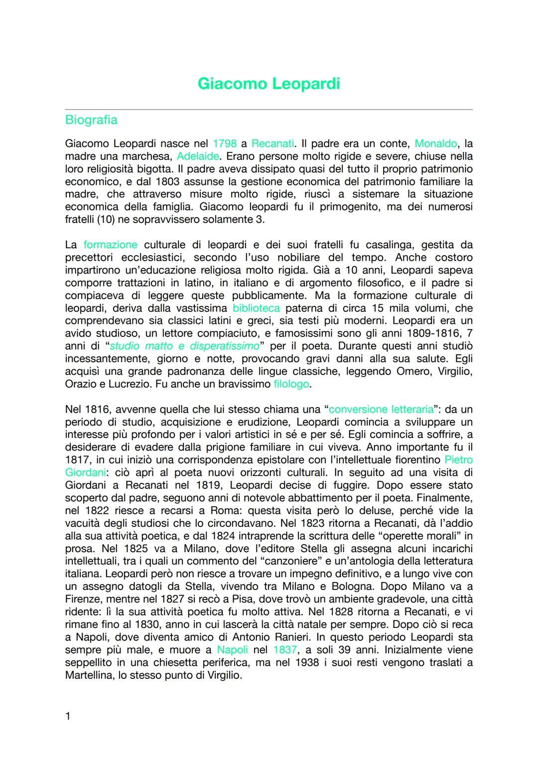 # Giacomo Leopardi

## Biografia

Giacomo Leopardi nasce nel 1798 a Recanati. Il padre era un conte, Monaldo, la
madre una marchesa, Adelaid