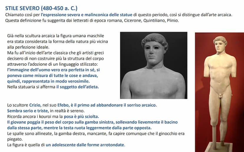 LA SCULTURA CLASSICA
Stile severo STILE SEVERO (480-450 a. C.)
Chiamato così per l'espressione severa e malinconica delle statue di questo p