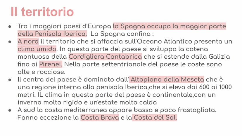 La Spagna
MA Il territorio
Tra i maggiori paesi d'Europa la Spagna occupa la maggior parte
della Penisola Iberica. La Spagna confina:
A nord