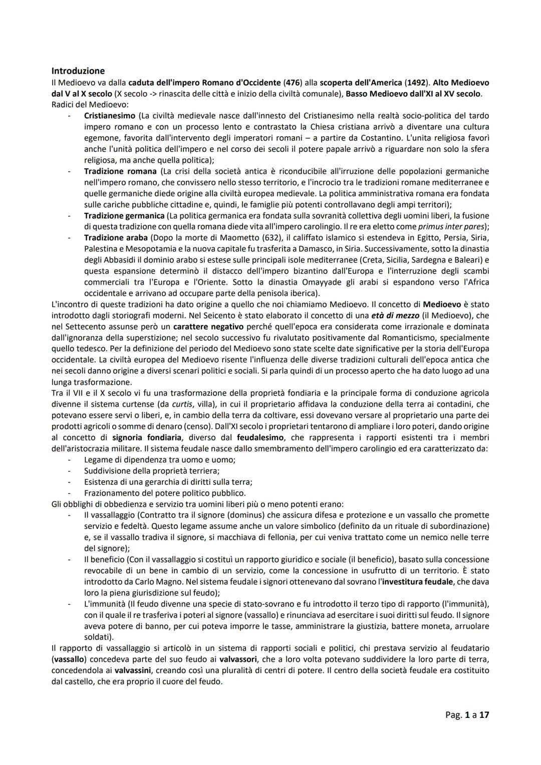 # Introduzione
II Medioevo va dalla caduta dell'impero Romano d'Occidente (476) alla scoperta dell'America (1492). Alto Medioevo
dal V al X 