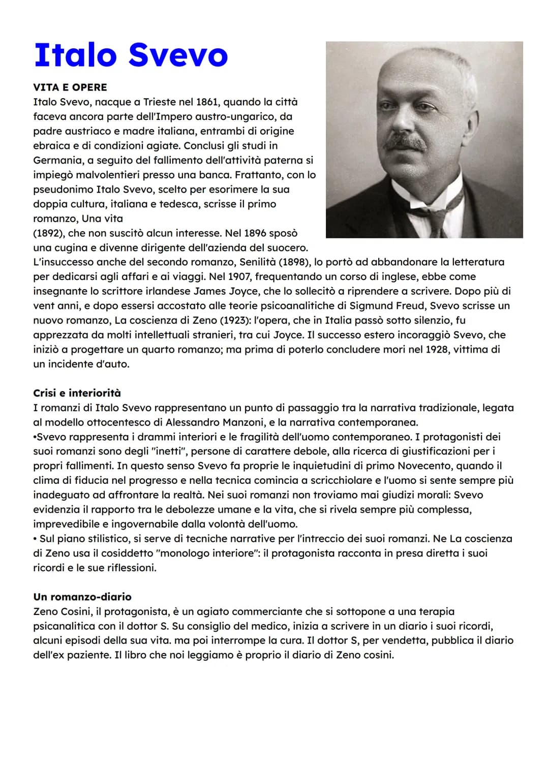 Italo Svevo
VITA E OPERE
Italo Svevo, nacque a Trieste nel 1861, quando la città
faceva ancora parte dell'Impero austro-ungarico, da
padre a