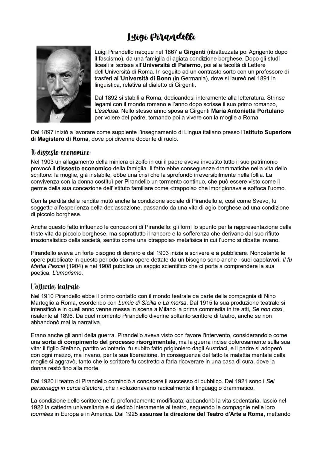 O
Luigi Pirandello
Luigi Pirandello nacque nel 1867 a Girgenti (ribattezzata poi Agrigento dopo
il fascismo), da una famiglia di agiata cond