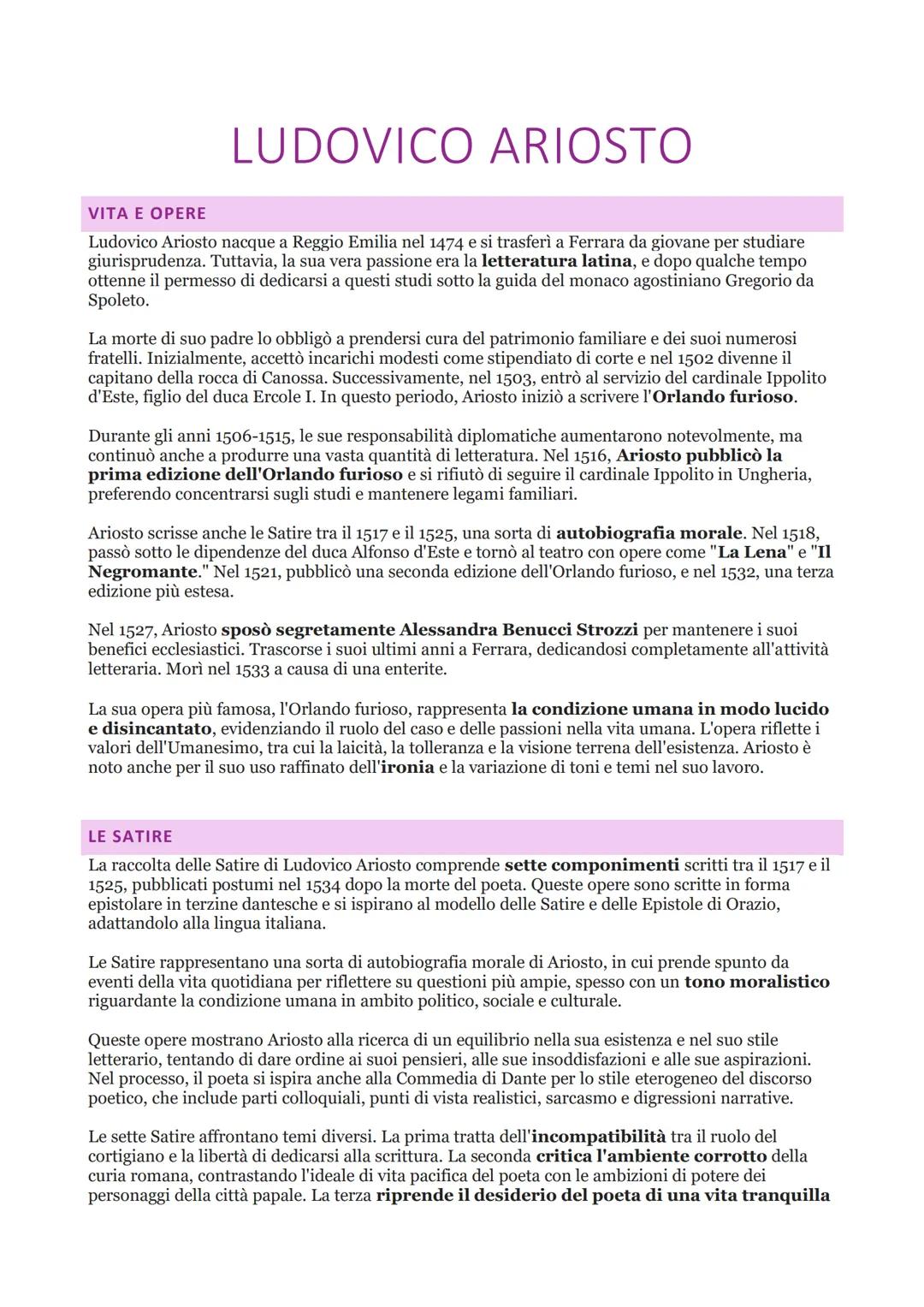 # LUDOVICO ARIOSTO

## VITA E OPERE

Ludovico Ariosto nacque a Reggio Emilia nel 1474 e si trasferì a Ferrara da giovane per studiare
giuris