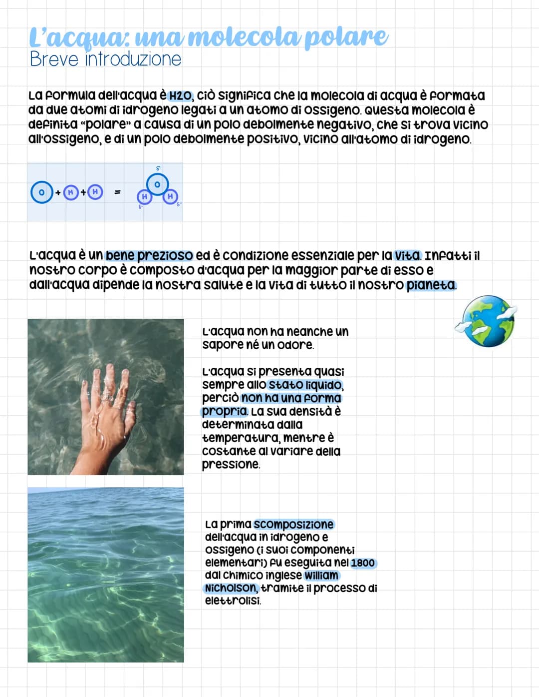 L'acqua: una molecola polare
Breve introduzione
La formula dell'acqua è H2O, ciò significa che la molecola di acqua è formata
da due atomi d