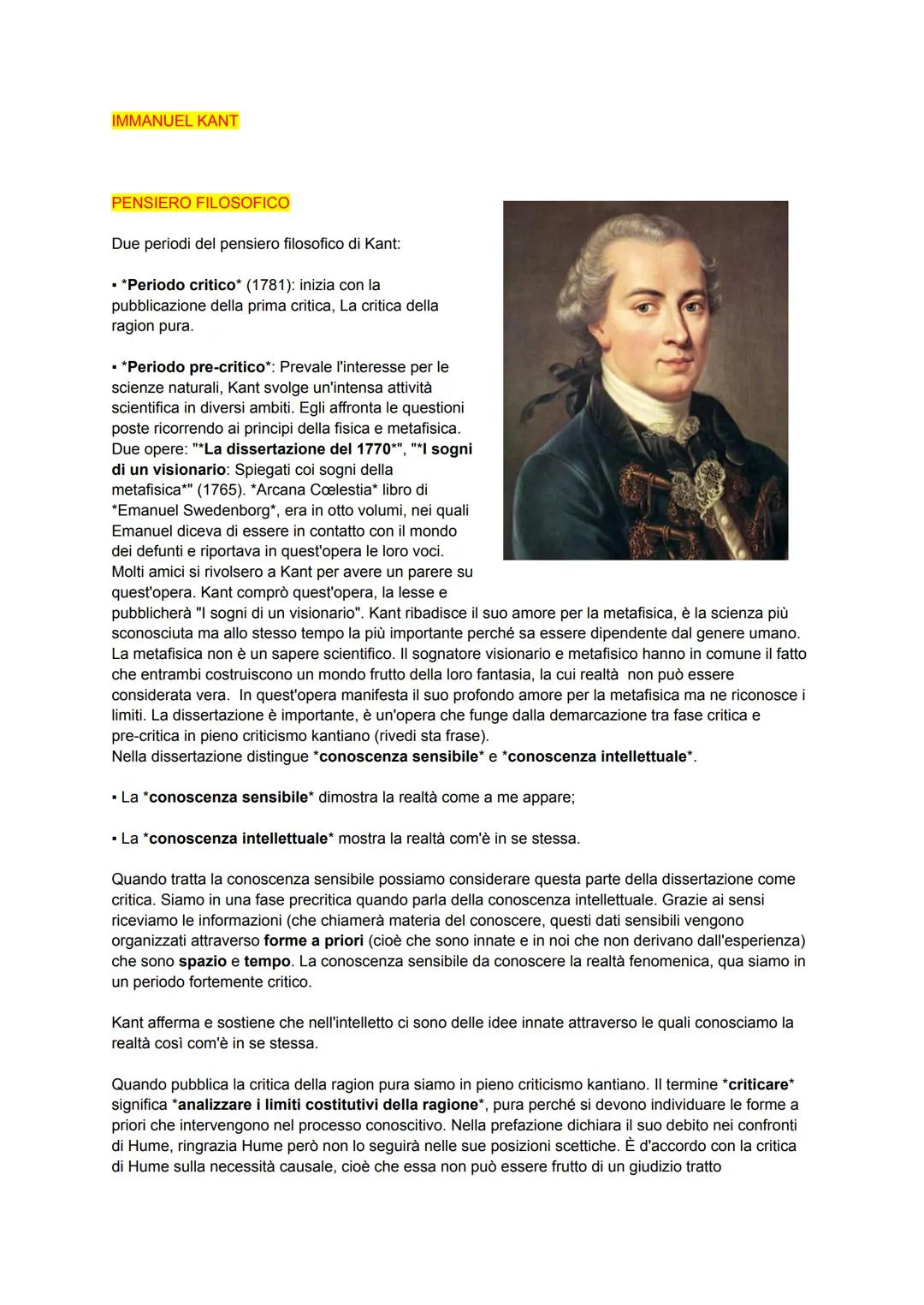 IMMANUEL KANT
PENSIERO FILOSOFICO
Due periodi del pensiero filosofico di Kant:
▪ *Periodo critico* (1781): inizia con la
pubblicazione della
