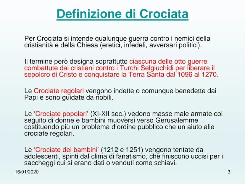 出密室
古± Le Grociate
16/01/2020
1 ✓ Definizione di Crociata
Causa delle Crociate
✓ Premesse
✓ Papa Urbano II annuncia la
prima Crociata
La Cro