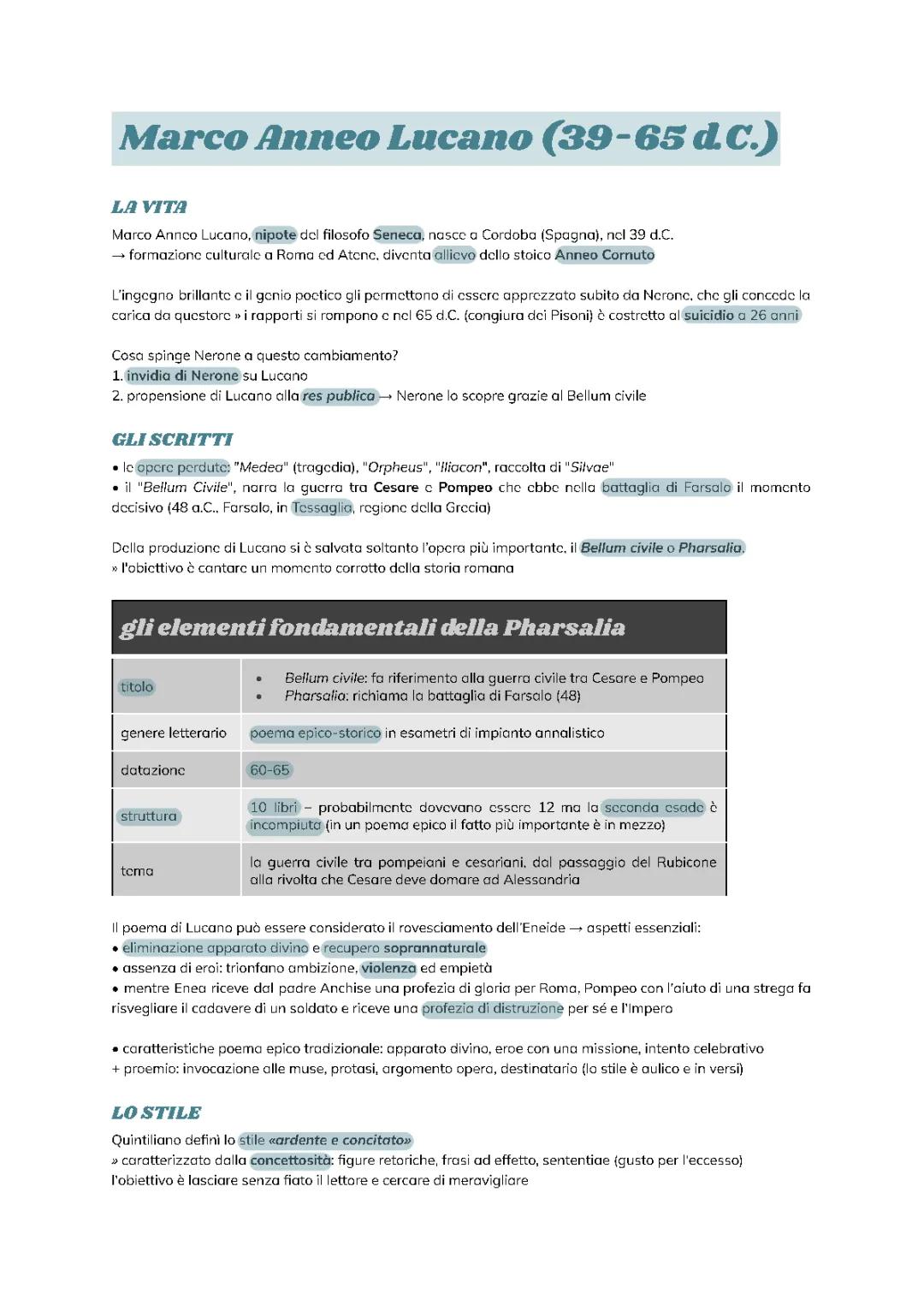 Riassunto delle opere di Lucano