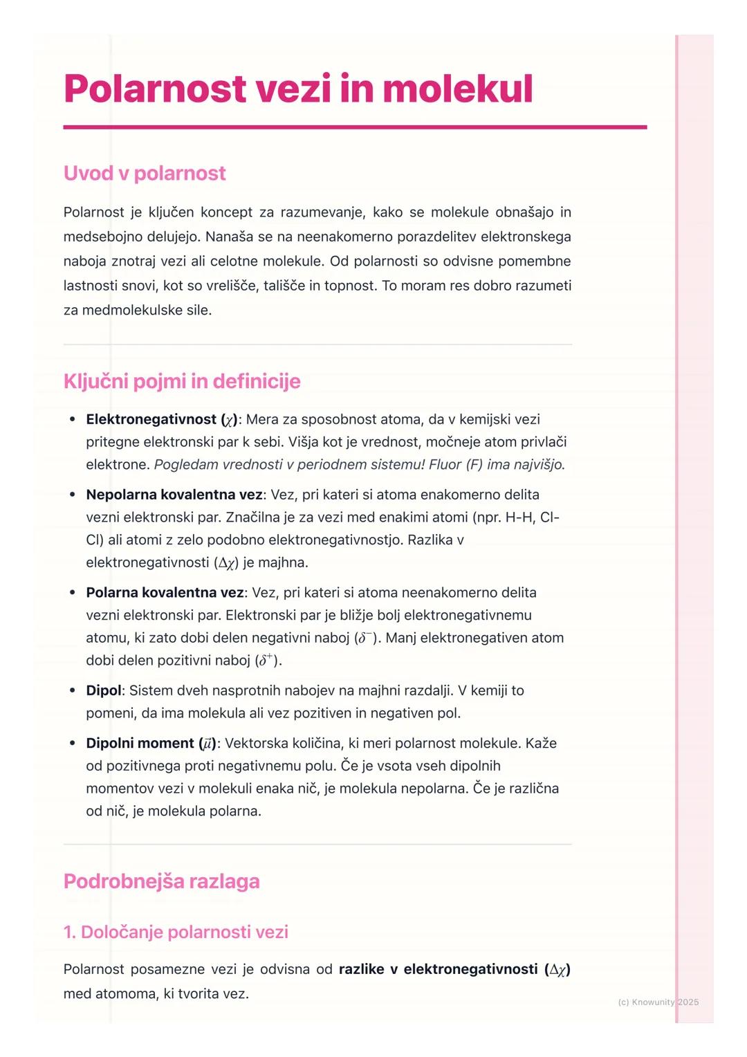 # Polarnost vezi in molekul

Uvod v polarnost

Polarnost je ključen koncept za razumevanje, kako se molekule obnašajo in
medsebojno delujejo