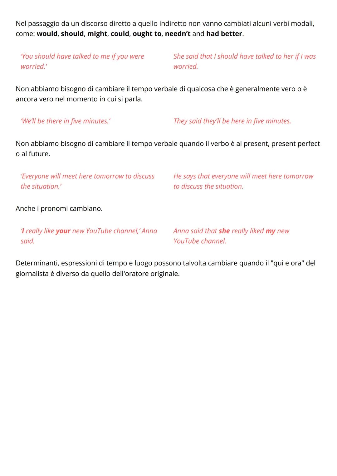 GRAMMAR:

FROM DIRECT TO INDIRECT SENTENCES

Reported statements

Quando si riportano i discorsi, i tempi verbali retrocedono di un 'posto'.