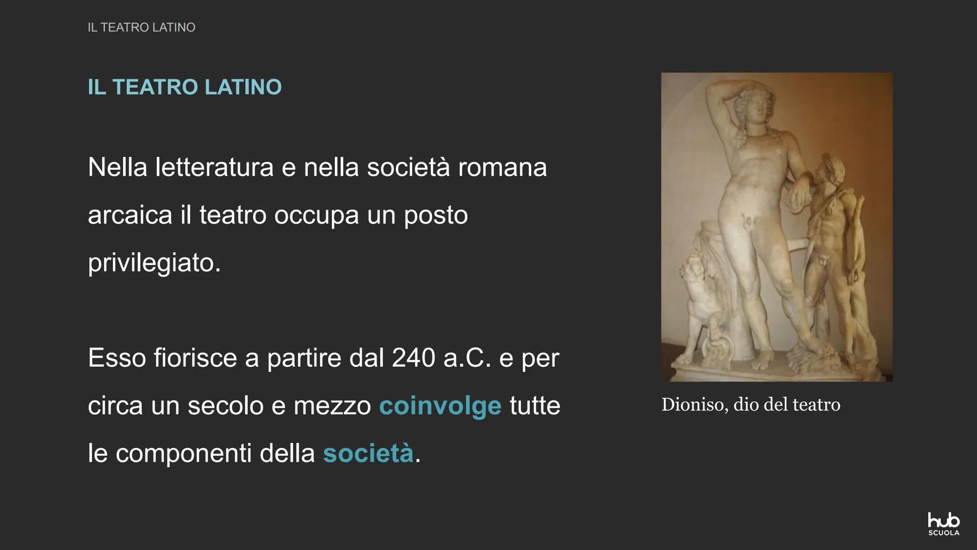 Il teatro latino
hub
SCUOLA IL TEATRO LATINO
IL TEATRO LATINO
Nella letteratura e nella società romana
arcaica il teatro occupa un posto
pri