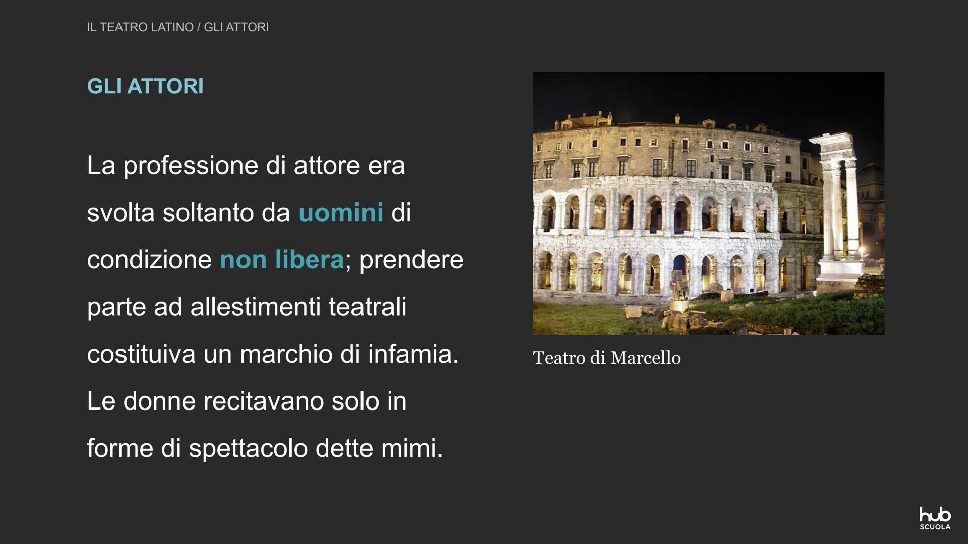 Il teatro latino
hub
SCUOLA IL TEATRO LATINO
IL TEATRO LATINO
Nella letteratura e nella società romana
arcaica il teatro occupa un posto
pri