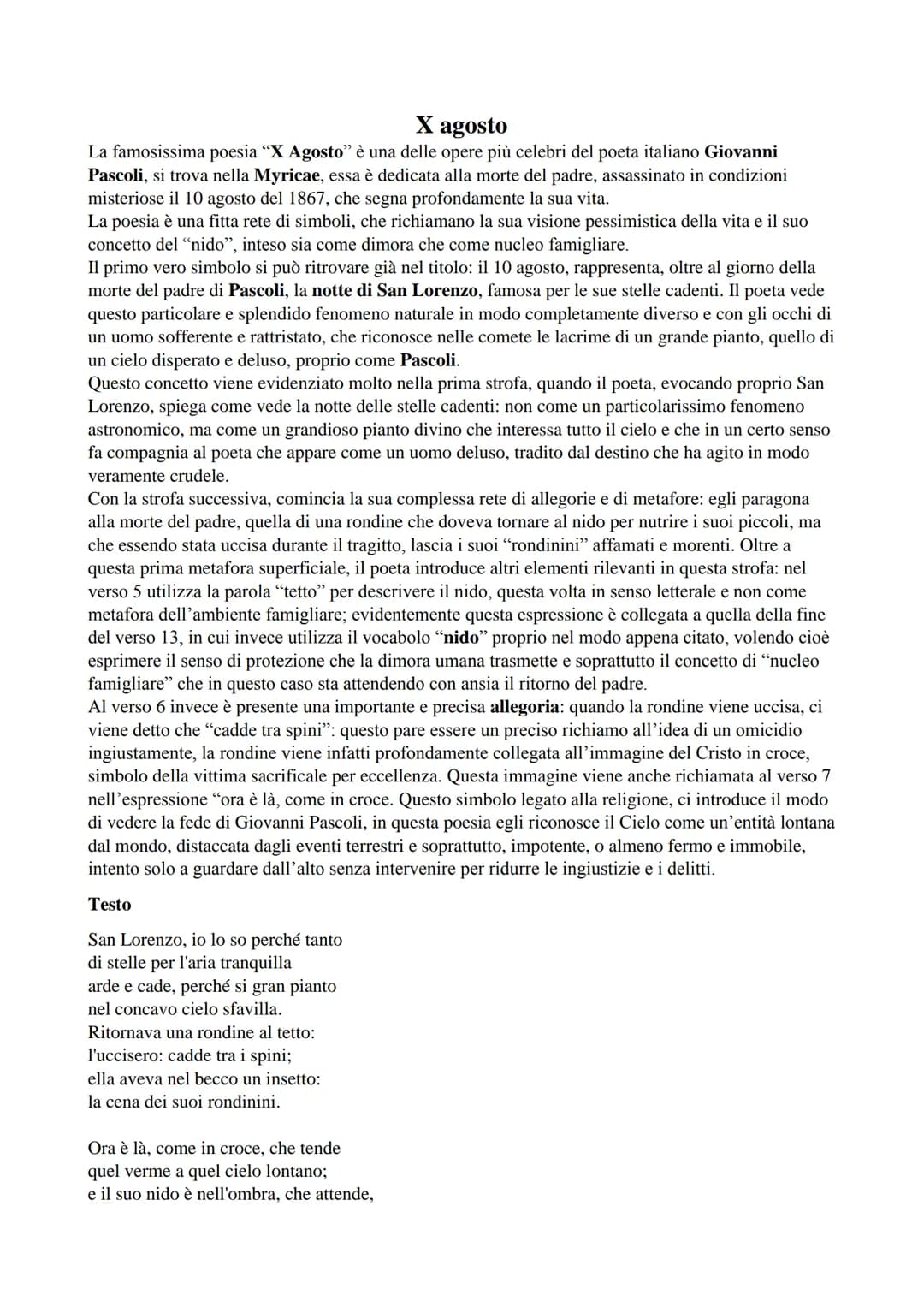 X agosto
La famosissima poesia "X Agosto" è una delle opere più celebri del poeta italiano Giovanni
Pascoli, si trova nella Myricae, essa è 