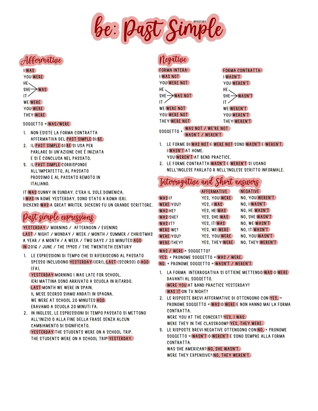 Affermative
I WAS
YOU WERE
HE
SHE WAS
IT
WE WERE
YOU WERE
THEY WERE
be: Past Simple
SOGGETTO WAS/WERE
1. NON ESISTE LA FORMA CONTRATTA
AFFER