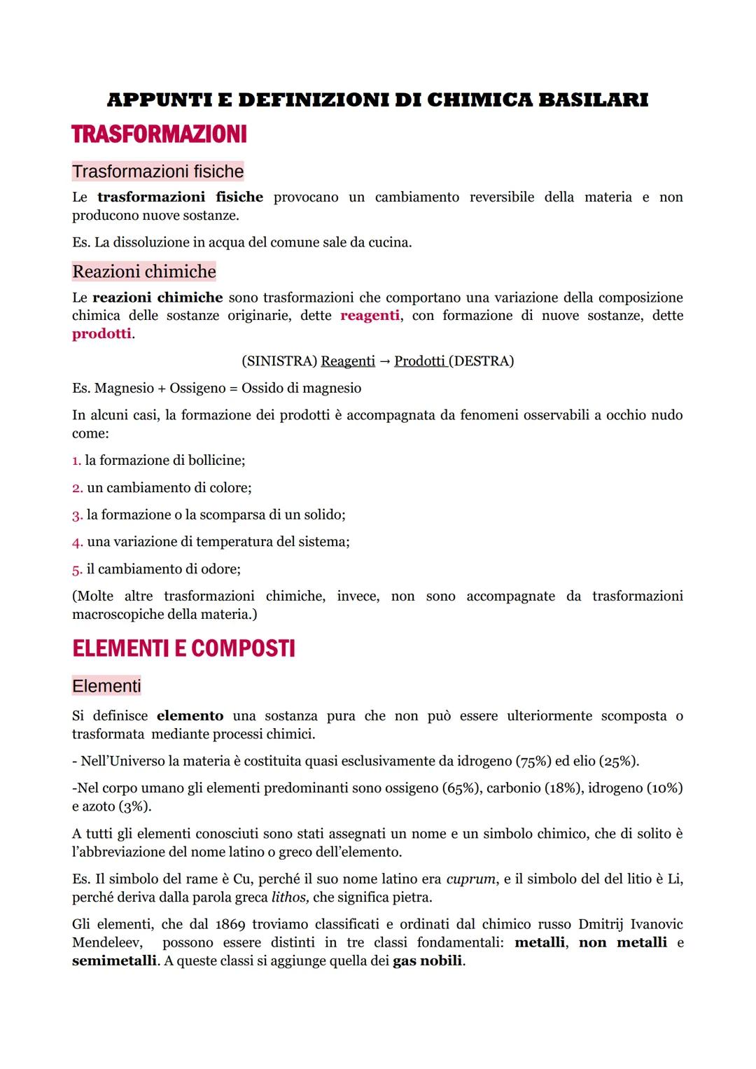 Appunti e Definizioni Essenziali di Chimica per la Scuola