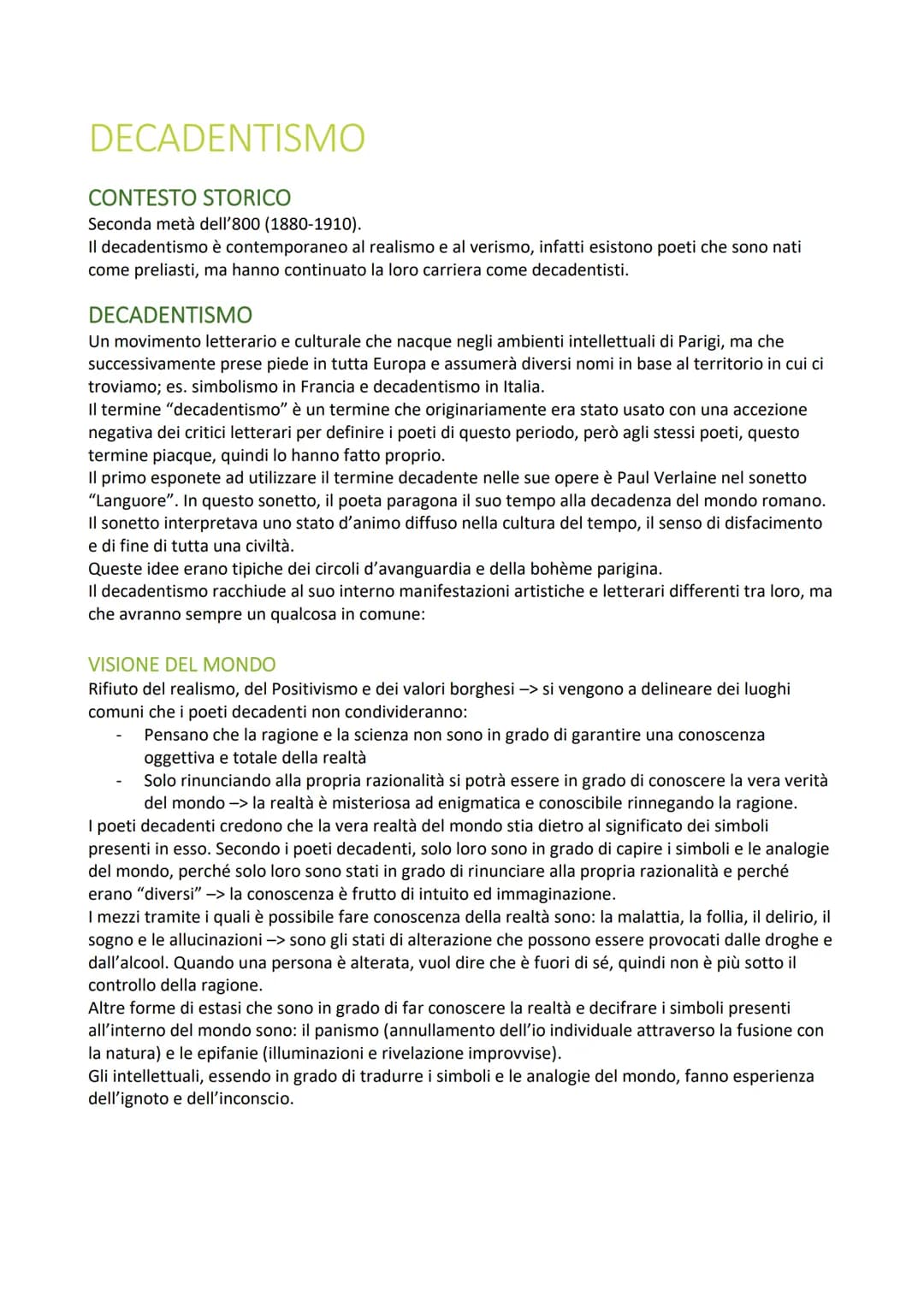DECADENTISMO
CONTESTO STORICO
Seconda metà dell'800 (1880-1910).
Il decadentismo è contemporaneo al realismo e al verismo, infatti esistono 
