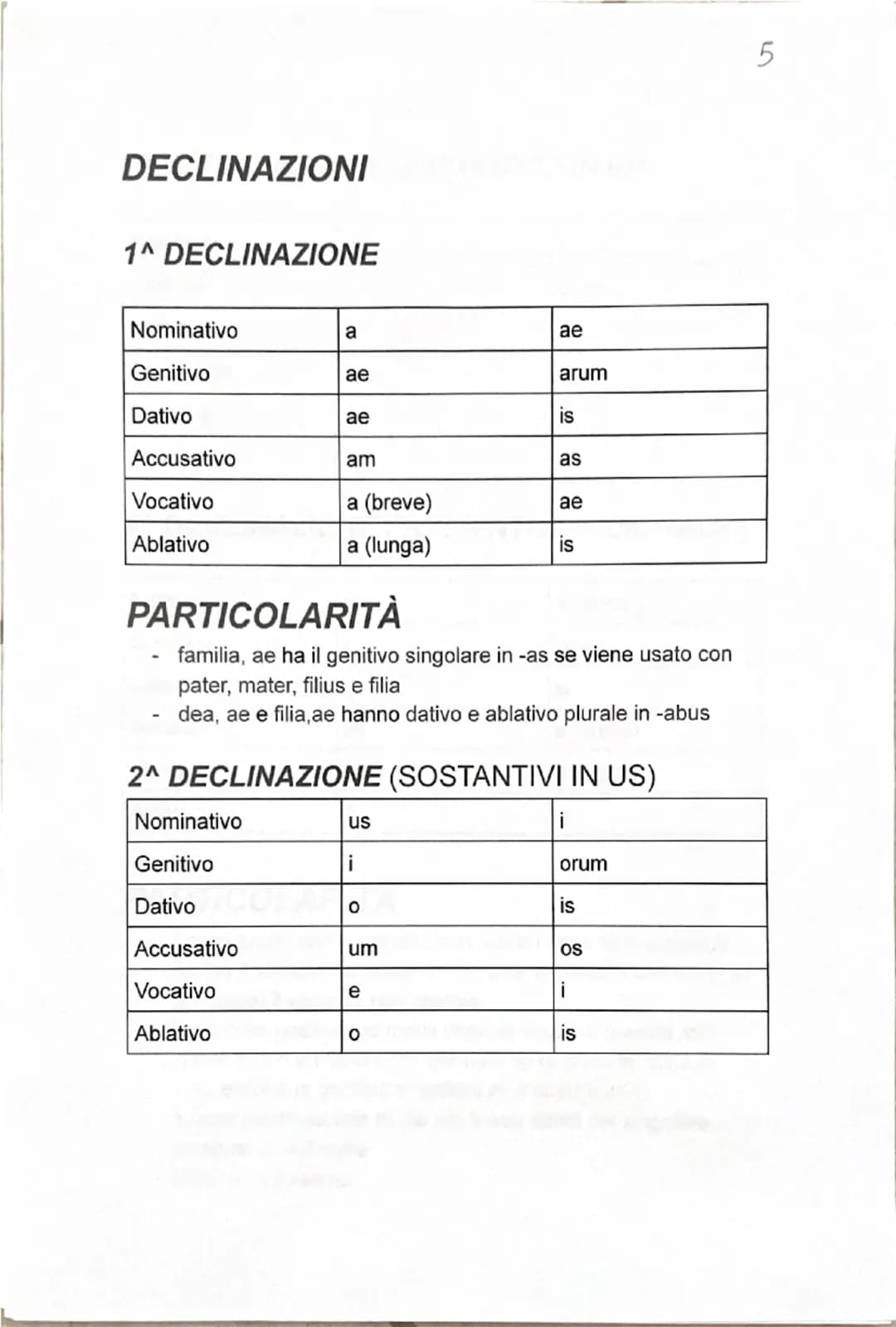 DECLINAZIONI
1^ DECLINAZIONE
Nominativo
a
ae
Genitivo
ae
arum
Dativo
ae
is
Accusativo
am
as
Vocativo
a (breve)
ae
Ablativo
a (lunga)
is
PART