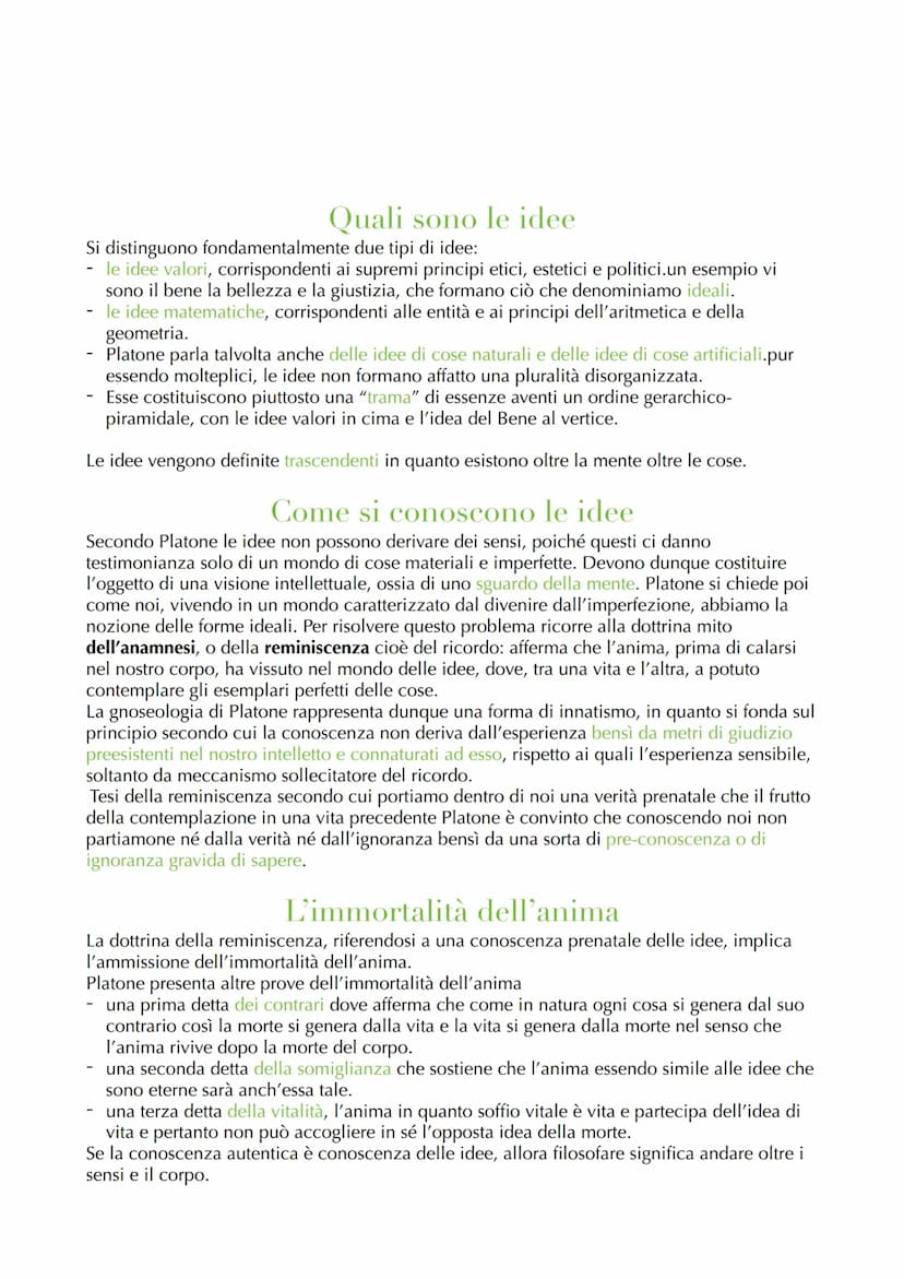 Platone
La teoria delle idee
Platone da molta importanza al metodo socratico delle definizioni, interpretandolo come il
primo passo verso un