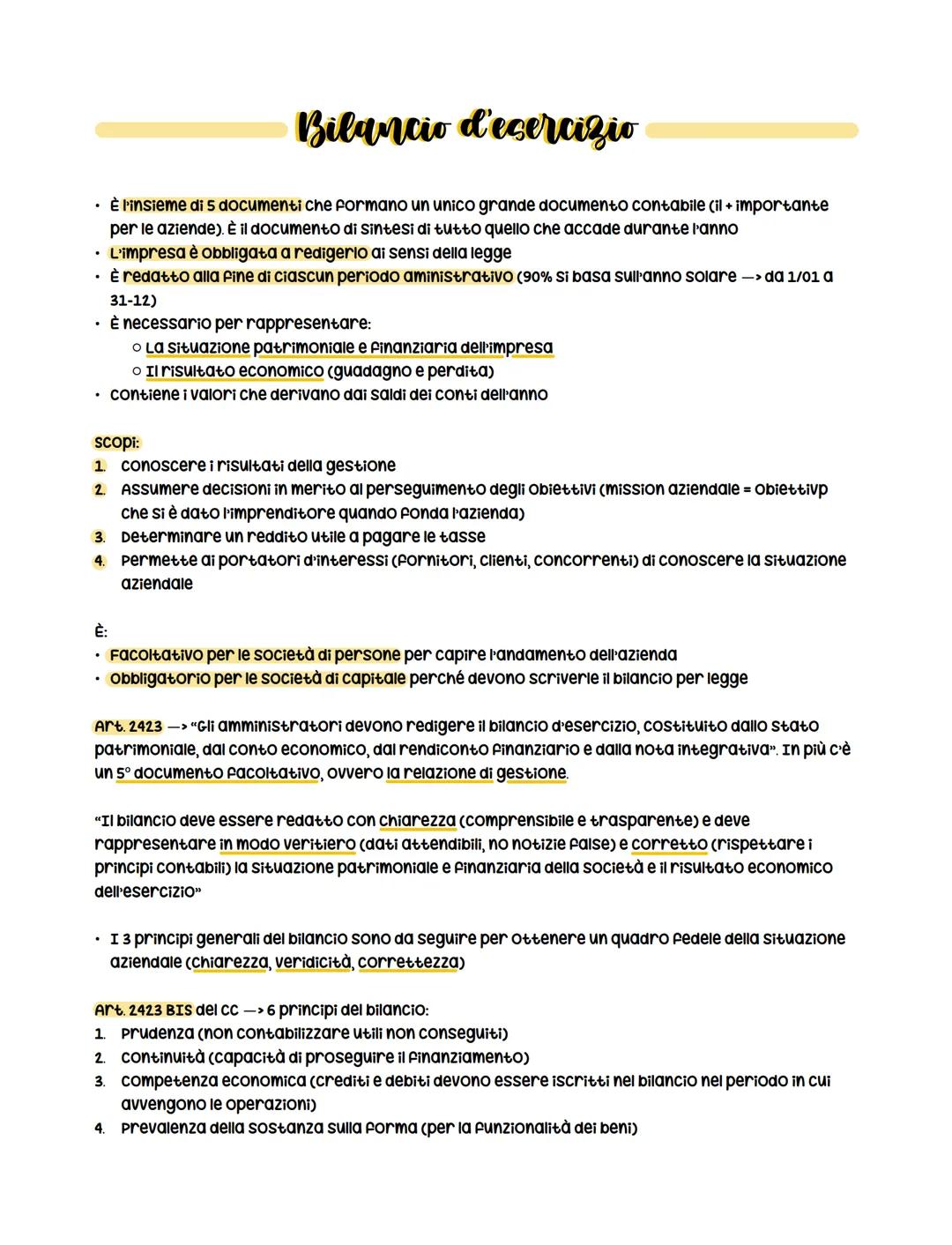 Bilancio d'esercizio
È l'insieme di 5 documenti che formano un unico grande documento contabile (il + importante
per le aziende). È il docum