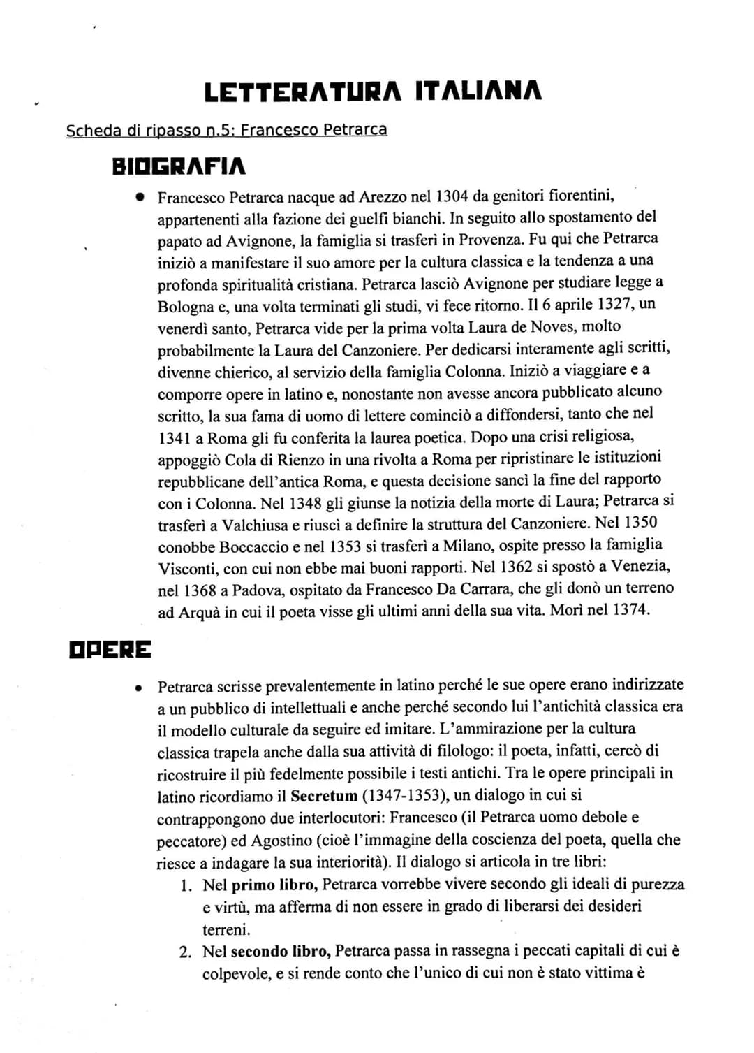 Scheda di ripasso n.5: Francesco Petrarca
BIOGRAFIA
• Francesco Petrarca nacque ad Arezzo nel 1304 da genitori fiorentini,
appartenenti alla