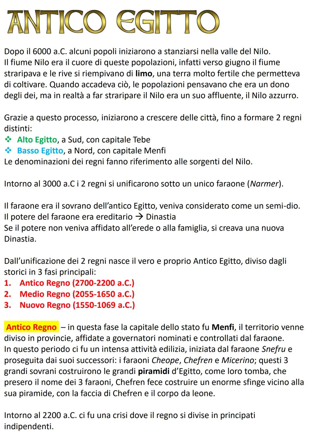 ANTICO EGITTO
Dopo il 6000 a.C. alcuni popoli iniziarono a stanziarsi nella valle del Nilo.
Il fiume Nilo era il cuore di queste popolazioni