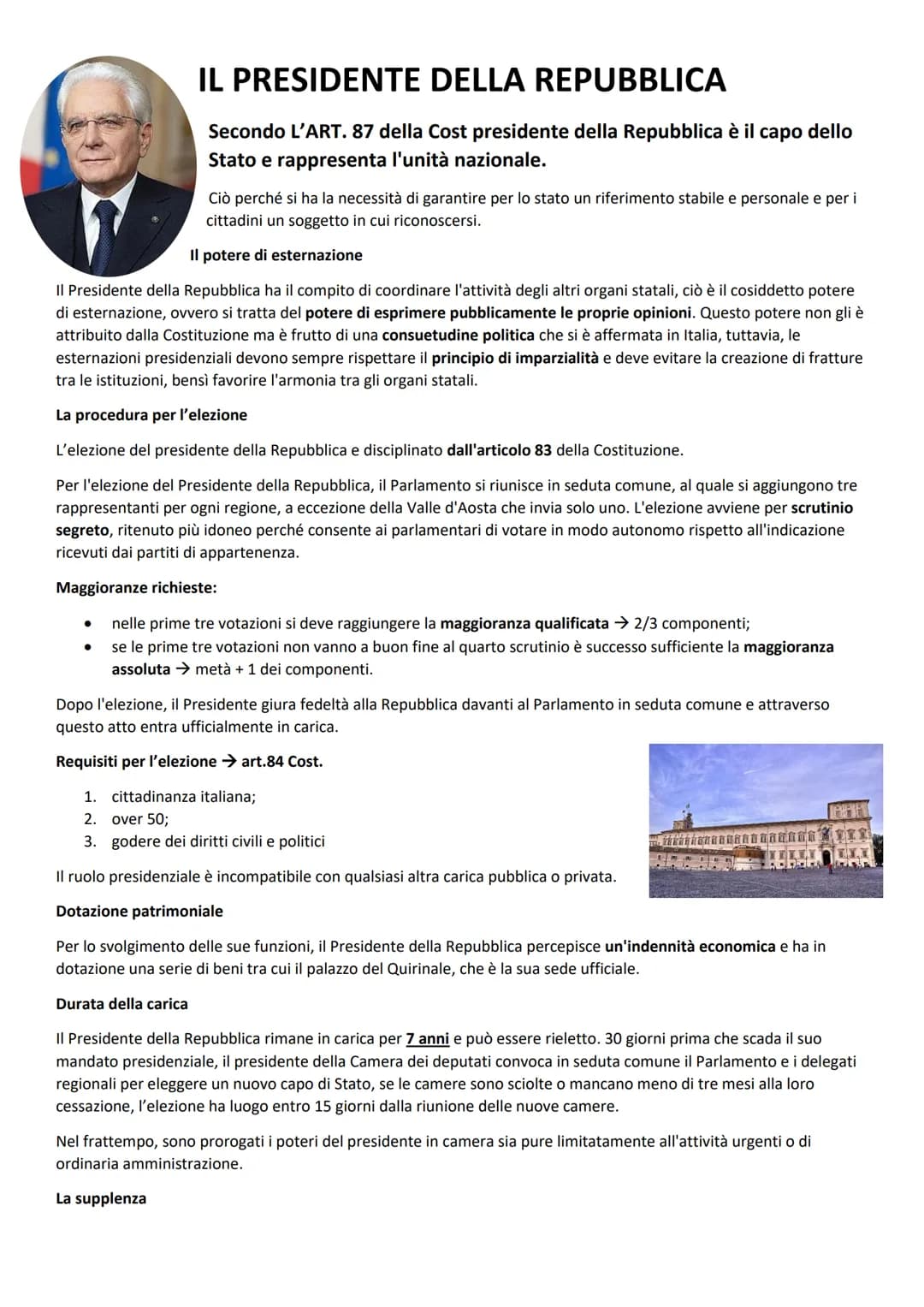 IL PRESIDENTE DELLA REPUBBLICA
Secondo L'ART. 87 della Cost presidente della Repubblica è il capo dello
Stato e rappresenta l'unità nazional