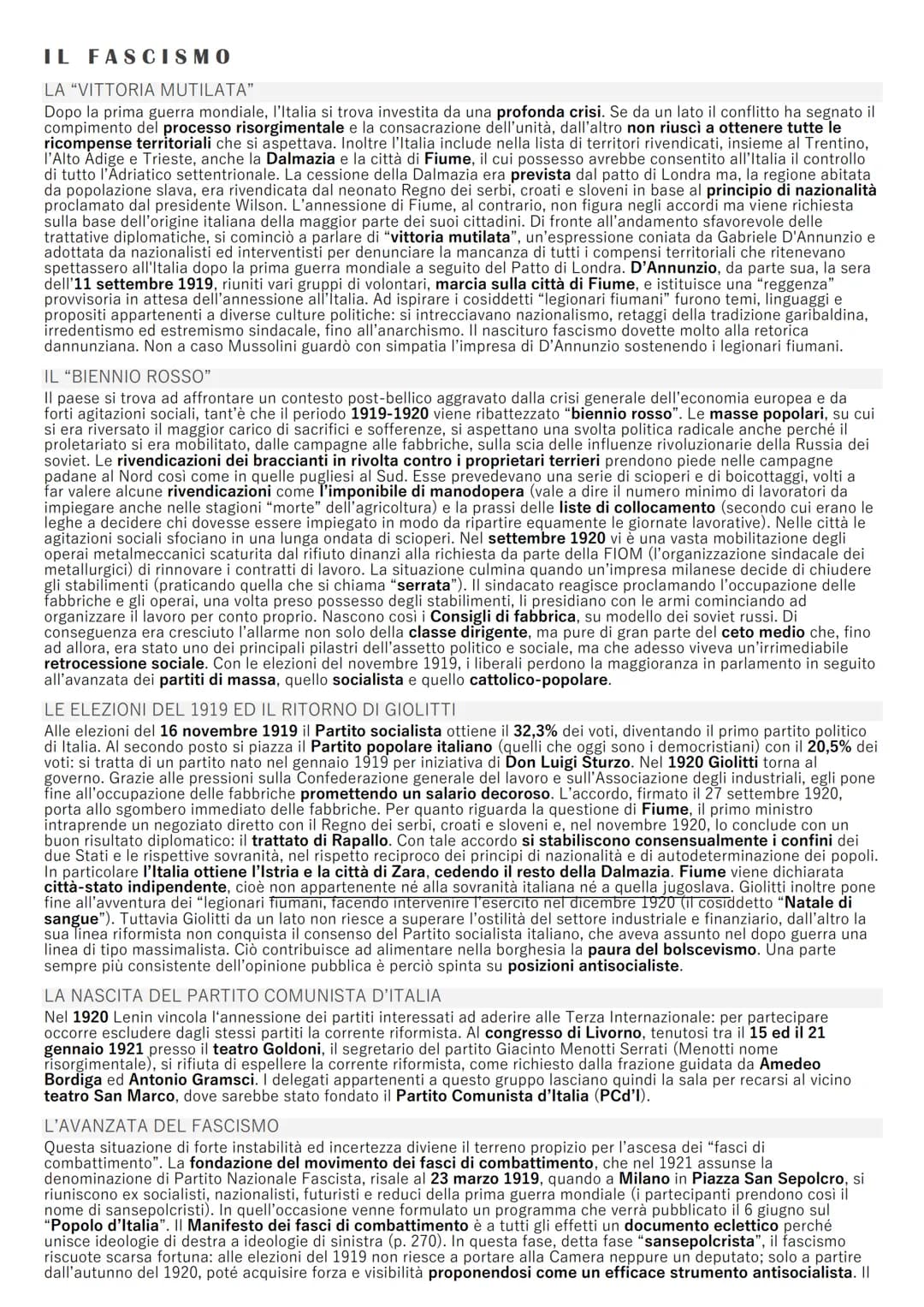 IL FASCISMO
LA "VITTORIA MUTILATA"
Dopo la prima guerra mondiale, l'Italia si trova investita da una profonda crisi. Se da un lato il confli