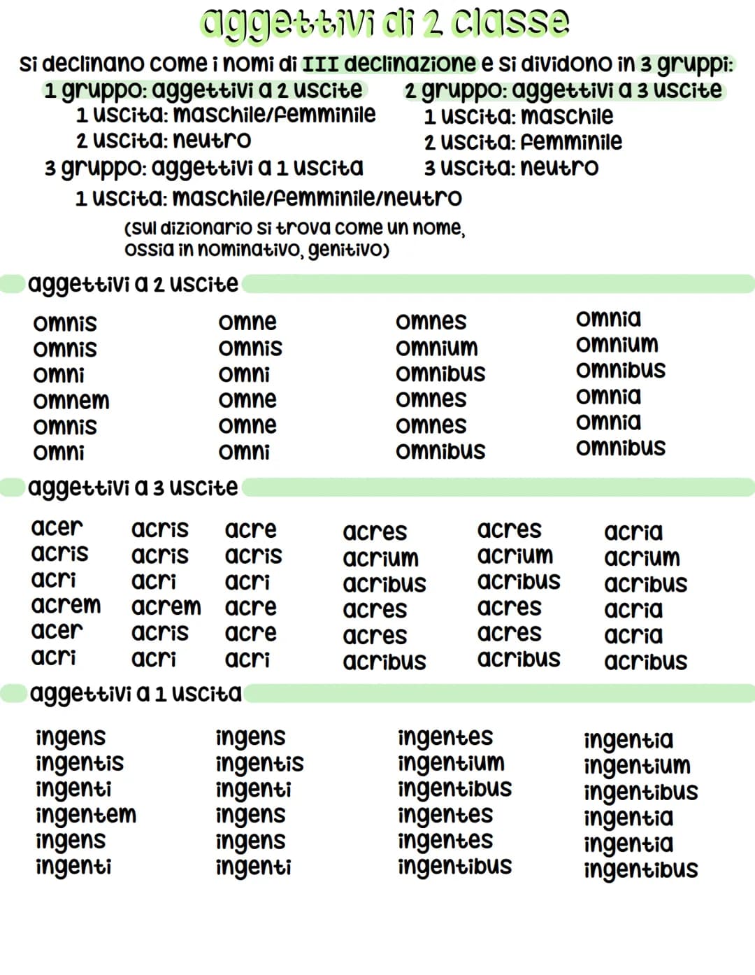 Oggettivi di 1 ClOSSE
Si declinano come i nomi di I e II declinazione ed hanno 3 uscite:
1 uscita: maschile (II declinazione = us/er)
2 usci