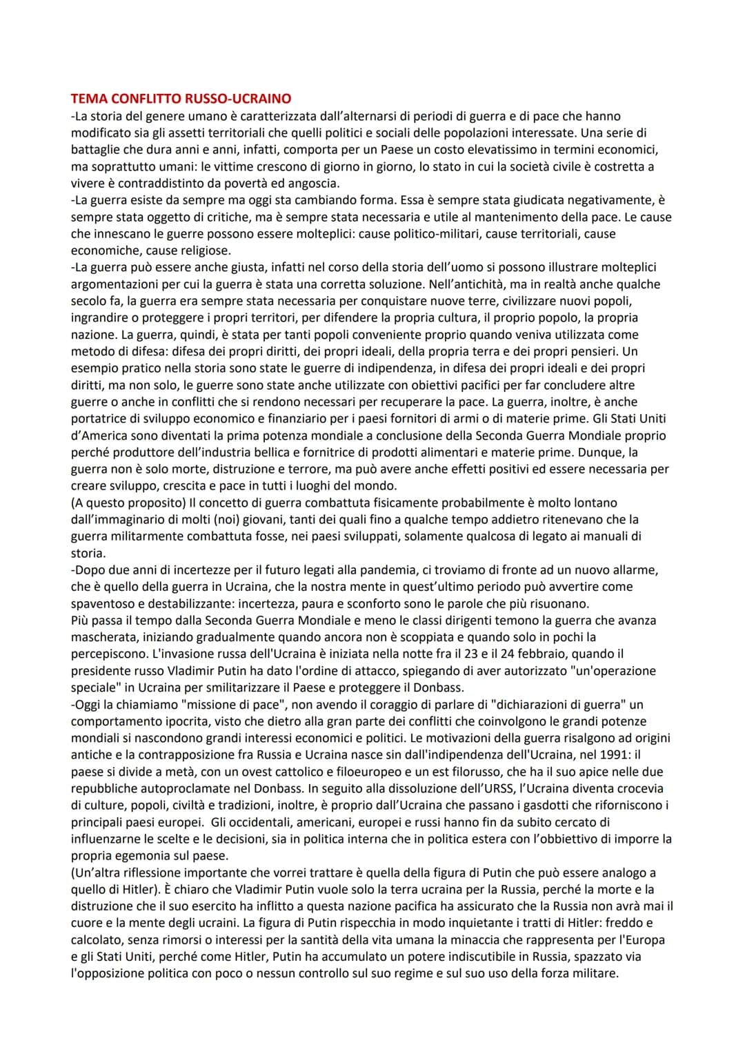 TEMA CONFLITTO RUSSO-UCRAINO
-La storia del genere umano è caratterizzata dall'alternarsi di periodi di guerra e di pace che hanno
modificat