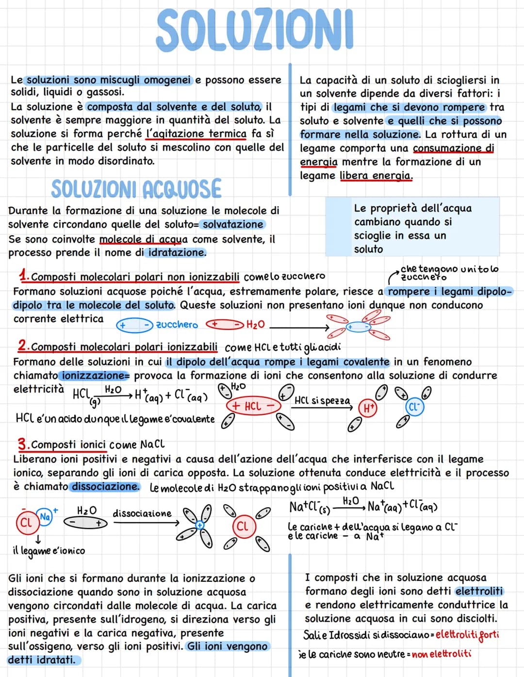 Le soluzioni sono miscugli omogenei e possono essere
solidi, liquidi o gassosi.
La soluzione è composta dal solvente e del soluto, il
solven