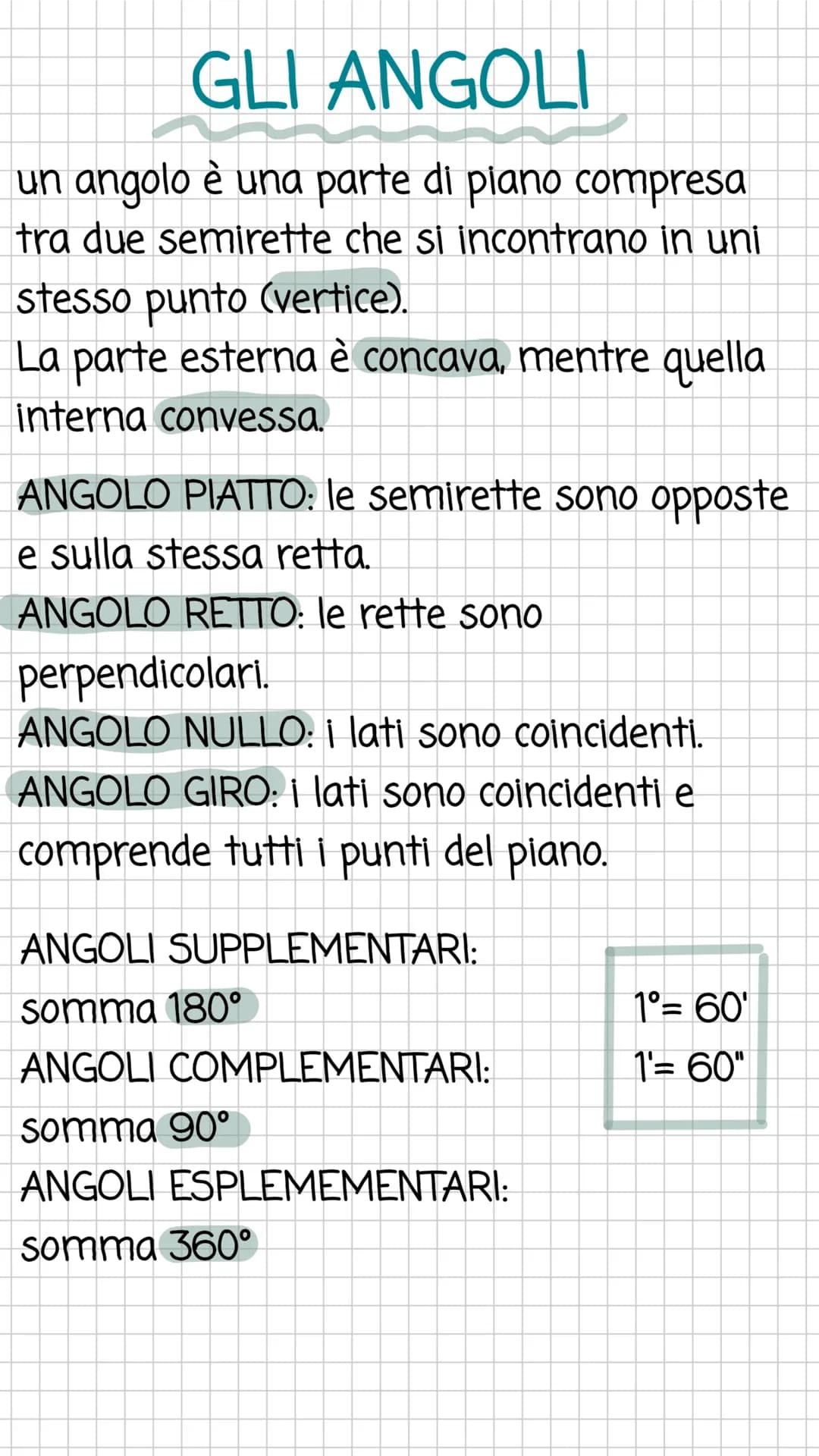 GLI ANGOLI
un angolo è una parte di piano compresa
tra due semirette che si incontrano in uni
stesso punto (vertice).
La parte esterna è con