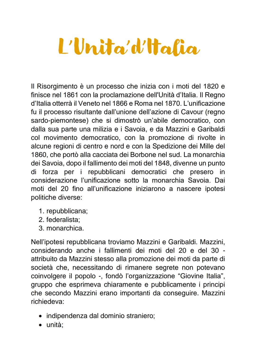 L'Unita'd'Italia
Il Risorgimento è un processo che inizia con i moti del 1820 e
finisce nel 1861 con la proclamazione dell'Unità d'Italia. I