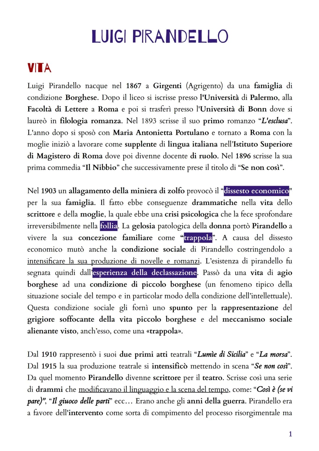 LUIGI PIRANDELLO
VITA
Luigi Pirandello nacque nel 1867 a Girgenti (Agrigento) da una famiglia di
condizione Borghese. Dopo il liceo si iscri