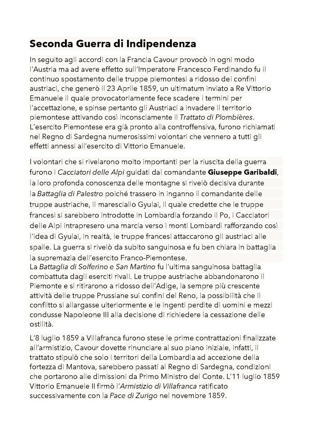 La Seconda Guerra di Indipendenza e la Spedizione dei Mille - Riassunto