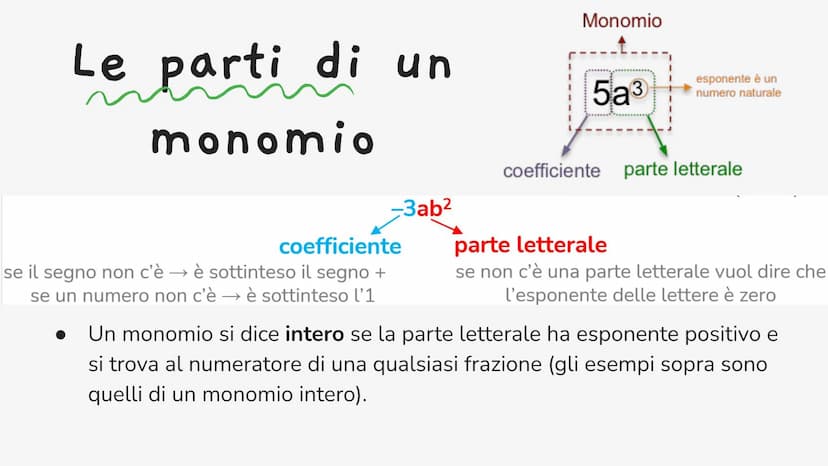 I monomi
Si chiama monomio quell'espressione letterale, composta da:
● un numero (naturale, relativo, razionale e/o irrazionale),
● una lett