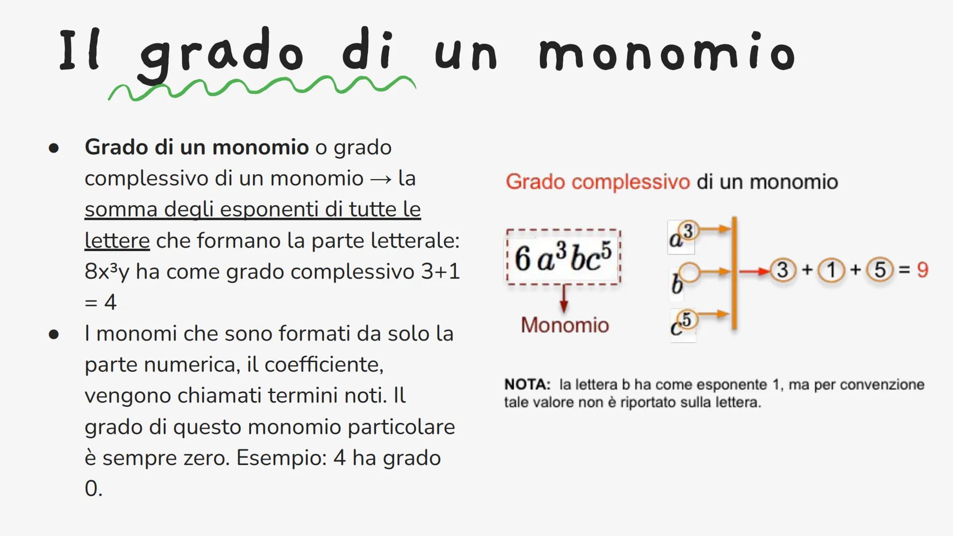 I monomi
Si chiama monomio quell'espressione letterale, composta da:
● un numero (naturale, relativo, razionale e/o irrazionale),
● una lett