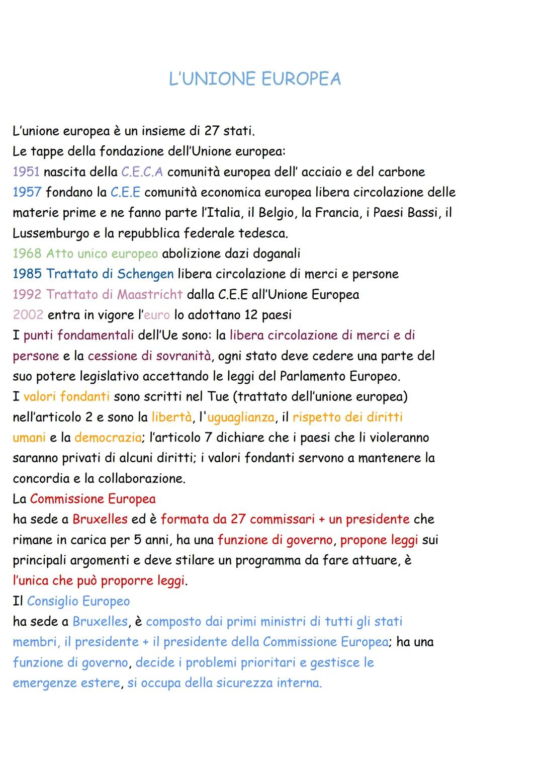 L'UNIONE EUROPEA
L'unione europea è un insieme di 27 stati.
Le tappe della fondazione dell'Unione europea:
1951 nascita della C.E.C.A comuni