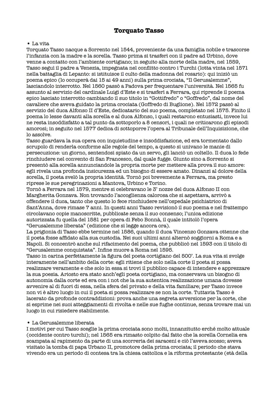 Torquato Tasso
• La vita
Torquato Tasso nacque a Sorrento nel 1544, proveniente da una famiglia nobile e trascorse
l'infanzia con la madre e