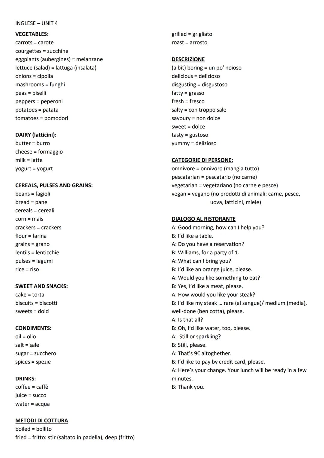 INGLESE - UNIT 4
GRAMMATICA
A/AN, SOME, ANY, NO
A/AN si usa con i nomi singolari contabili.
a davanti a una parola che inizia con un suono
c