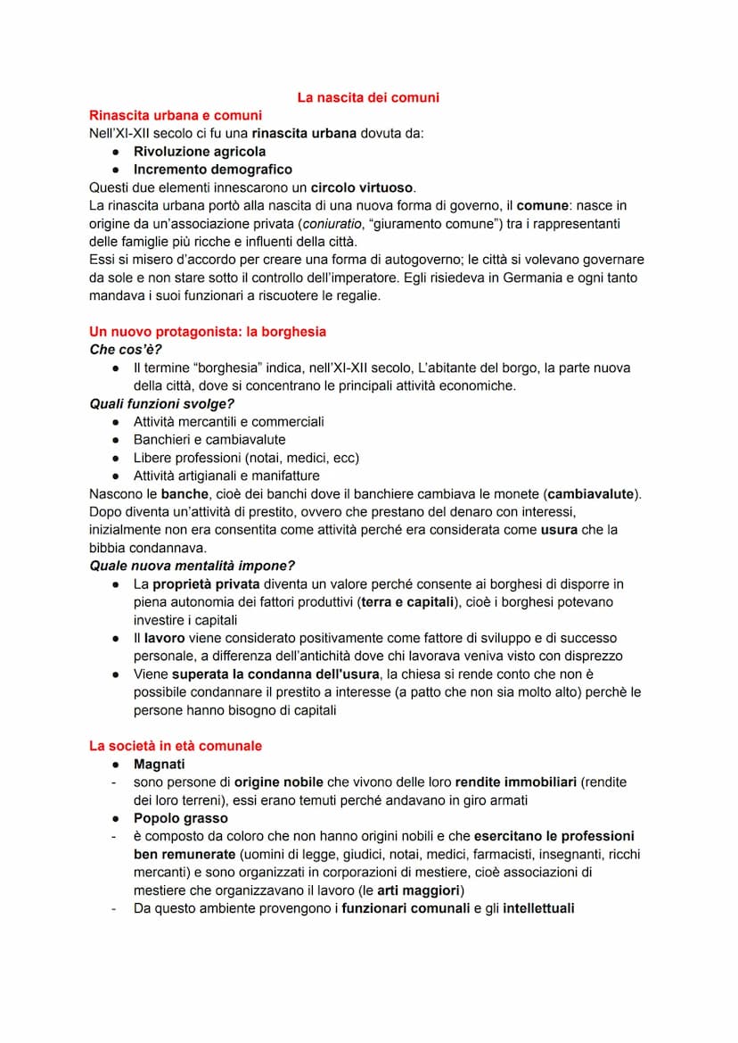 Rinascita urbana e comuni
Nell'XI-XII secolo ci fu una rinascita urbana dovuta da:
● Rivoluzione agricola
Incremento demografico
Questi due 